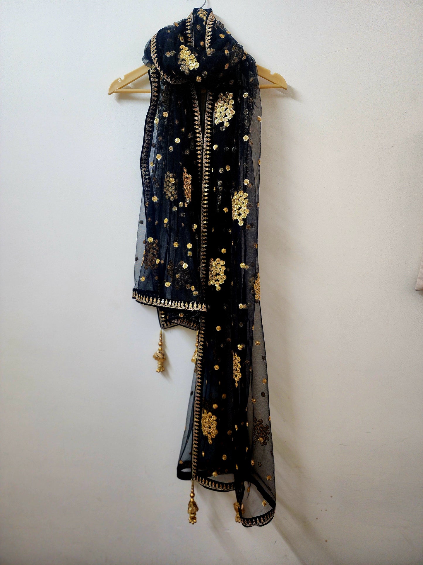 Black Embroidered Net Dupatta for Women