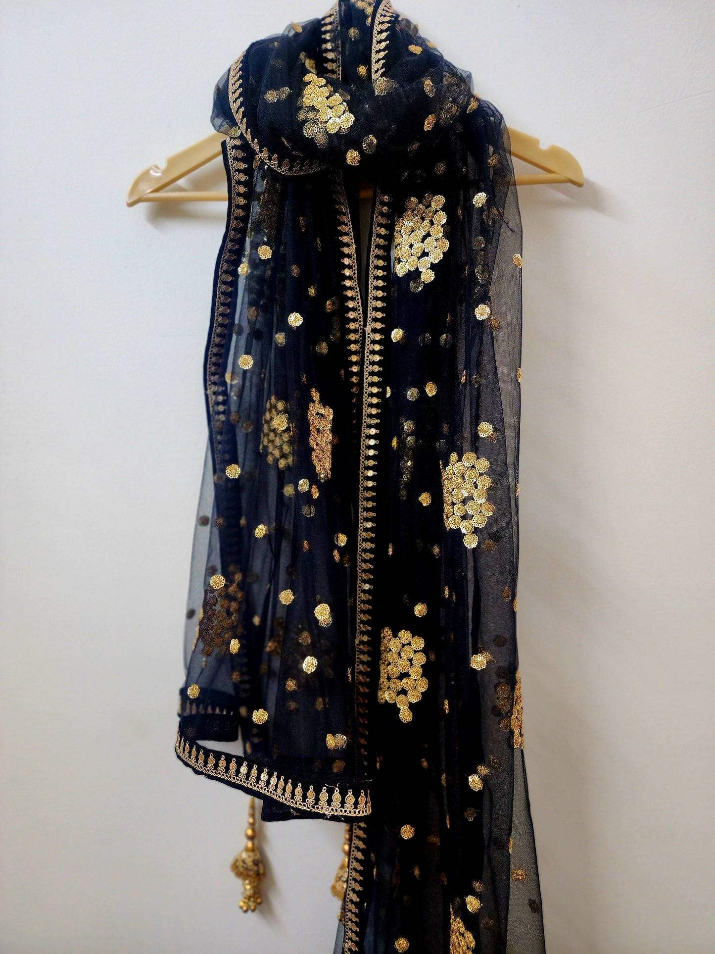 Black Embroidered Net Dupatta for Women