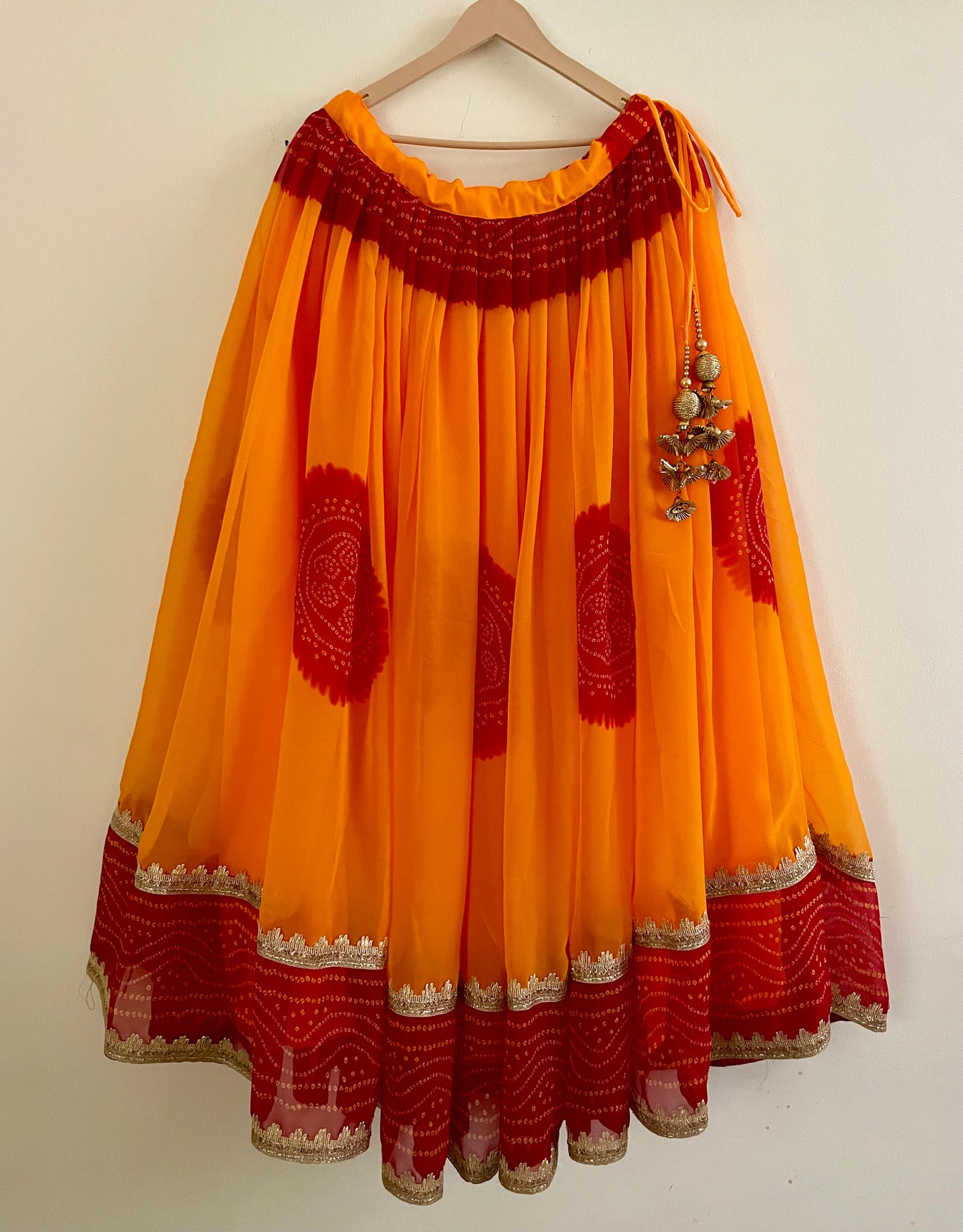 Vibrant Yellow & Red Bandhani Lehenga Set – Handcrafted Festive Outfit
