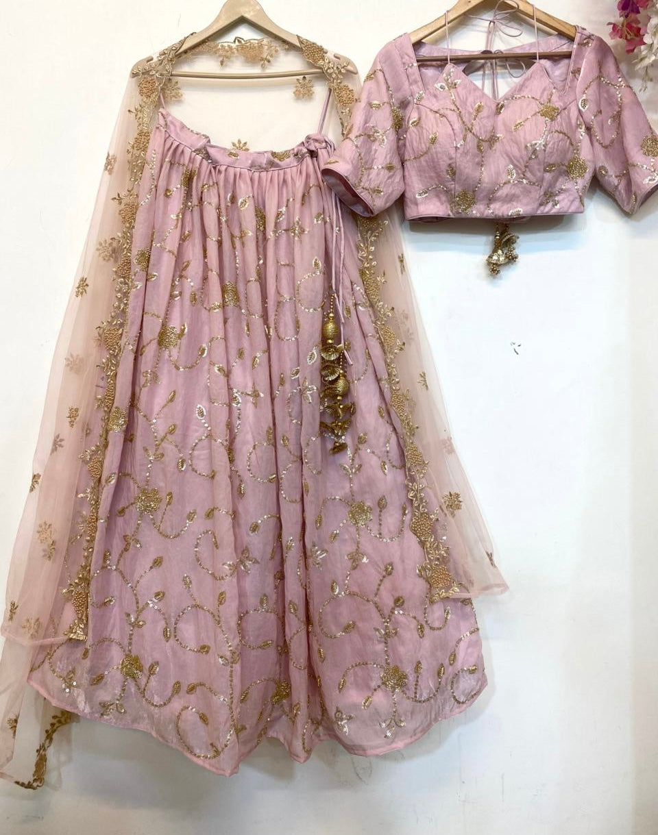 Pastel Pink Embroidered Organza Lehenga Set with Net Dupatta - Plus size Available