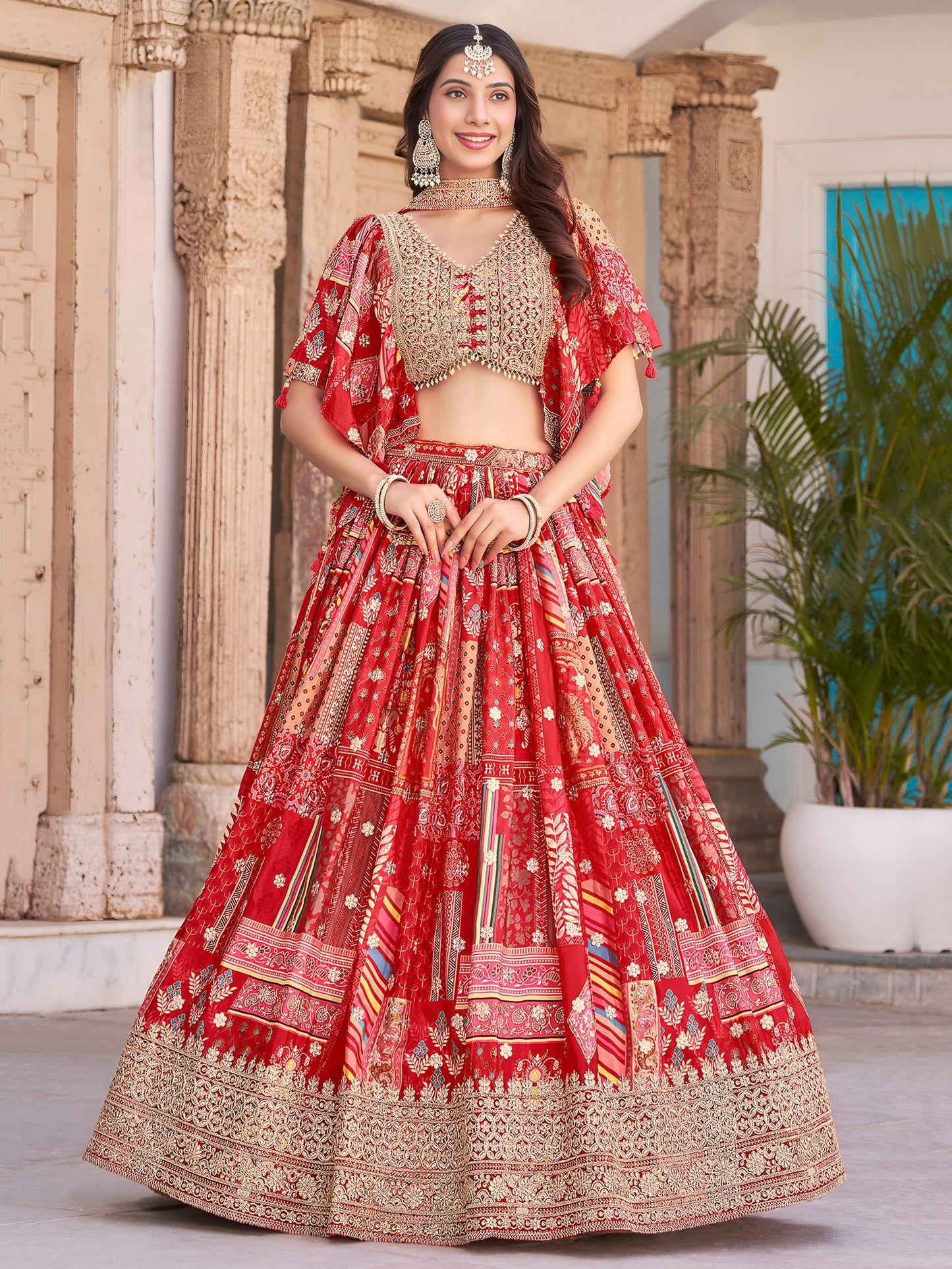 Elegant Red Chinnon Silk Lehenga Set with Embroidered Blouse and Chiffon Dupatta