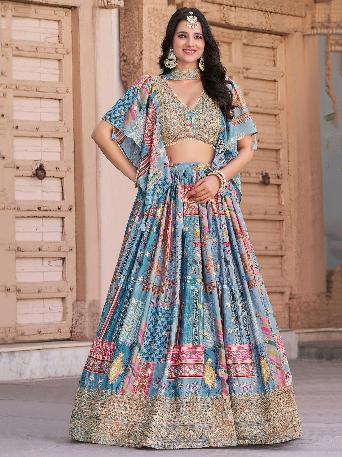 Indian Ethnic Sky Blue Embroidered Lehenga Choli Set