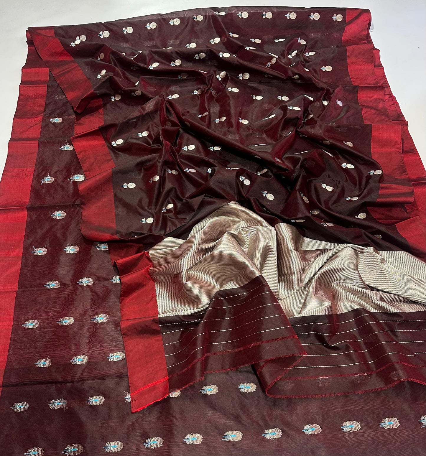 Handwoven Maroon & Silver Pattu Silk Saree with Zari Border