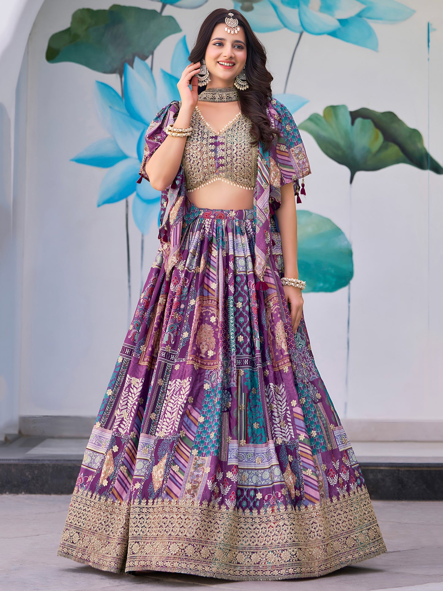 Indian Designer Purple Chinnon Embroidered Lehenga Set