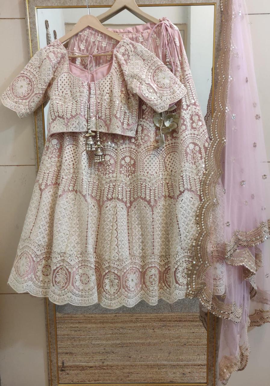 Blush Pink Embroidered Chikankari Lehenga Set