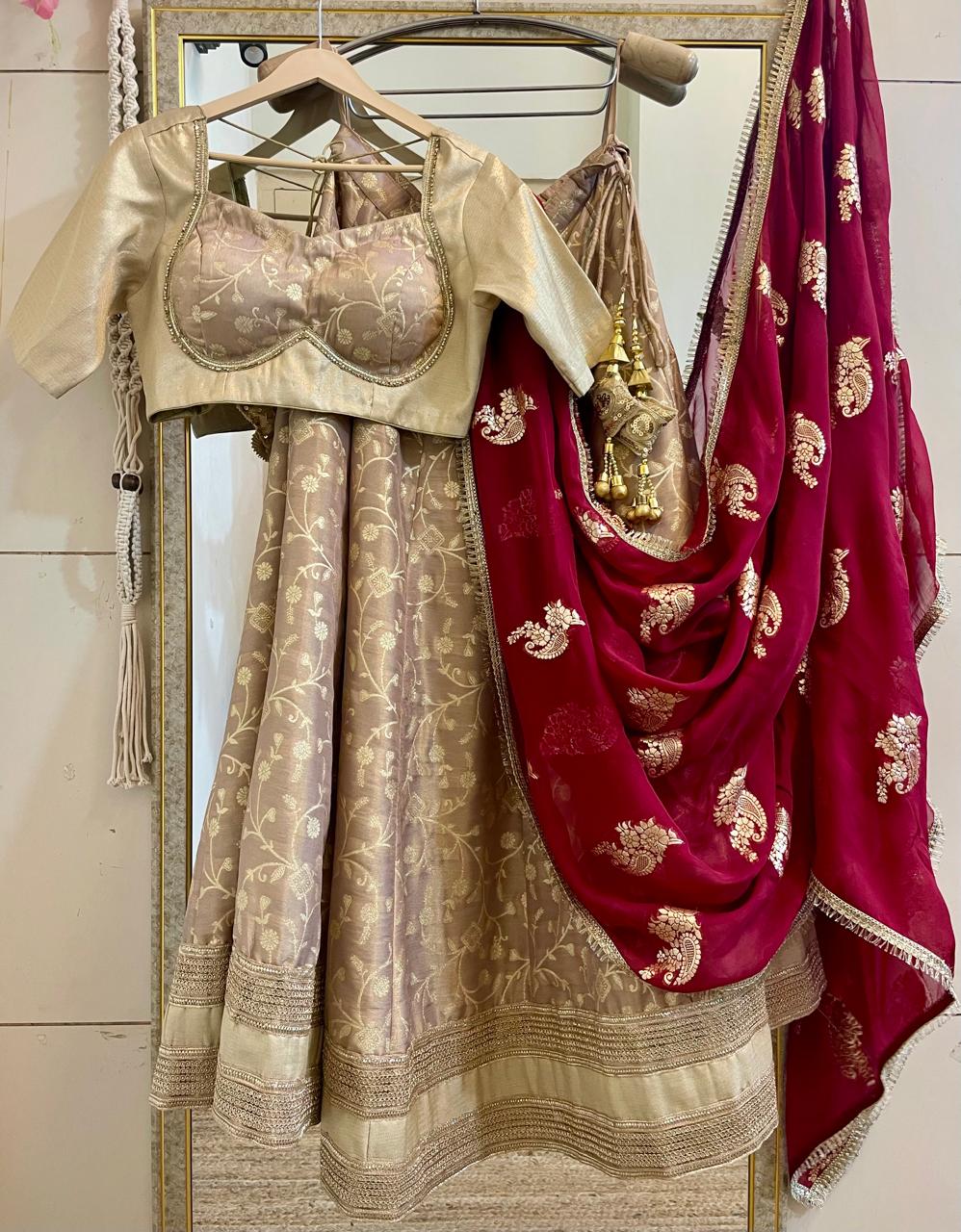 Elegant Beige & Maroon Embroidered Lehenga Set