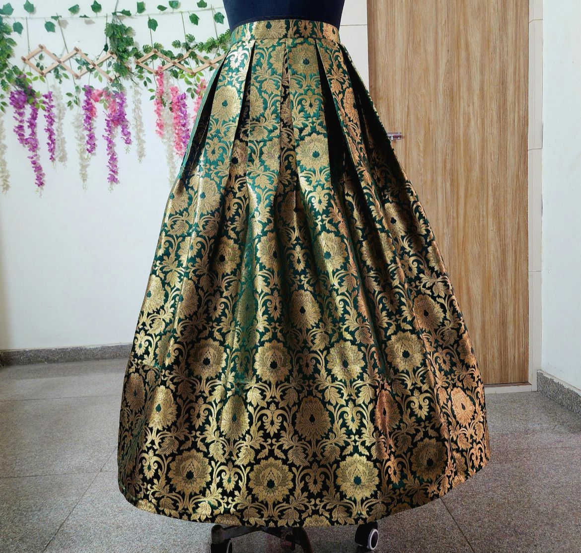 Ready to Wear Dark Green Brocade Skirt for Women