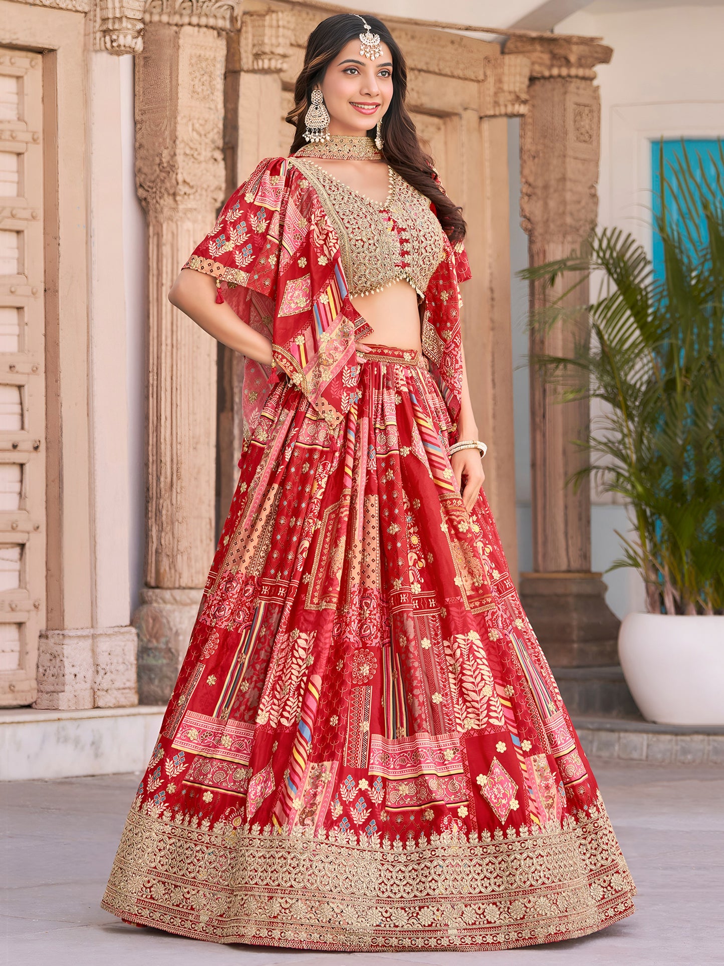 Elegant Red Chinnon Silk Lehenga Set with Embroidered Blouse and Chiffon Dupatta