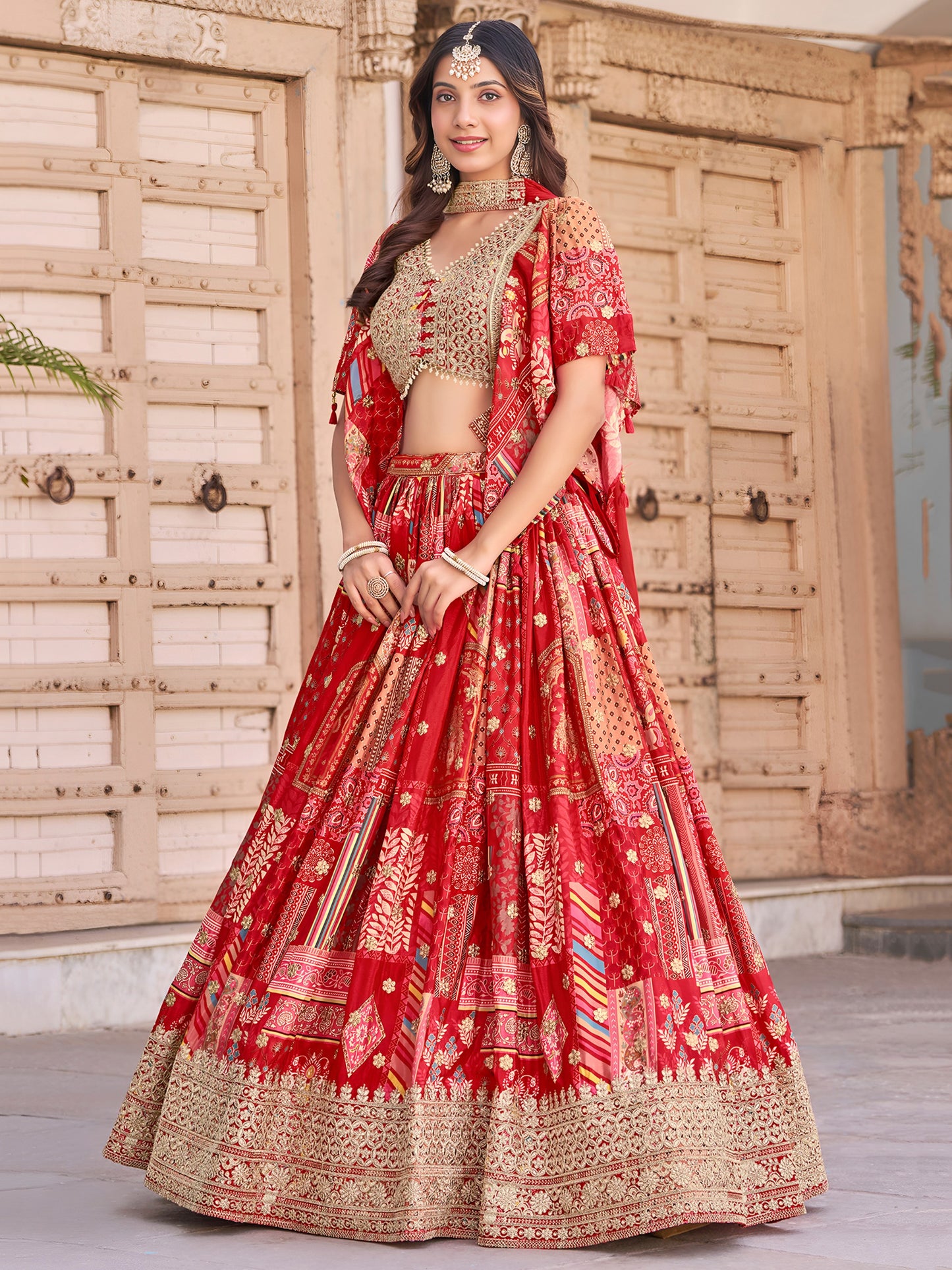 Elegant Red Chinnon Silk Lehenga Set with Embroidered Blouse and Chiffon Dupatta