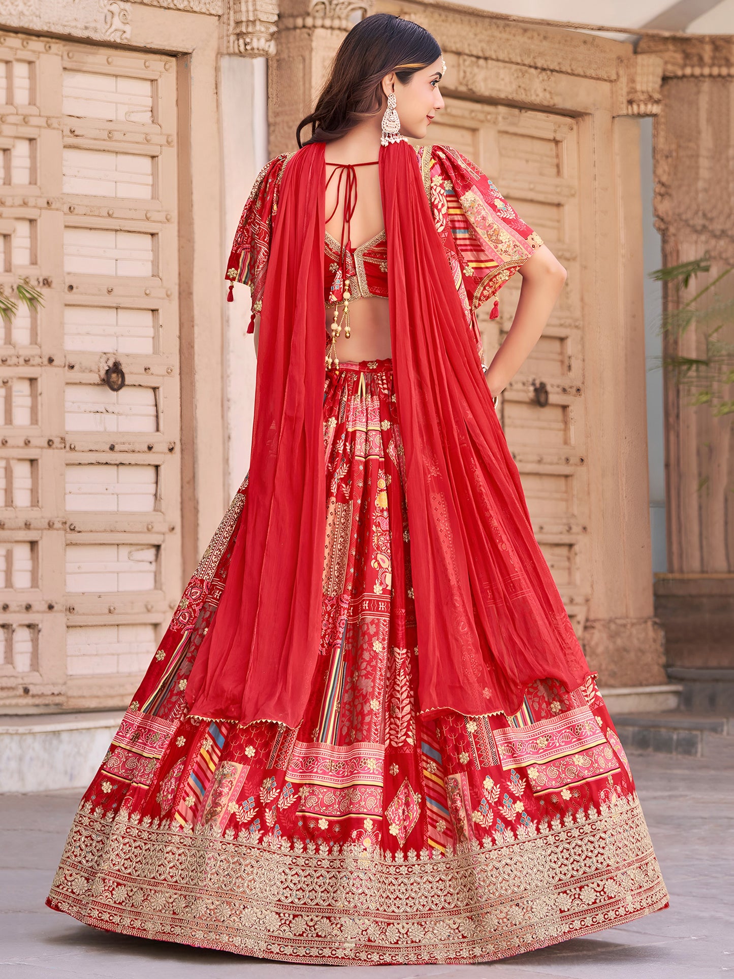 Elegant Red Chinnon Silk Lehenga Set with Embroidered Blouse and Chiffon Dupatta