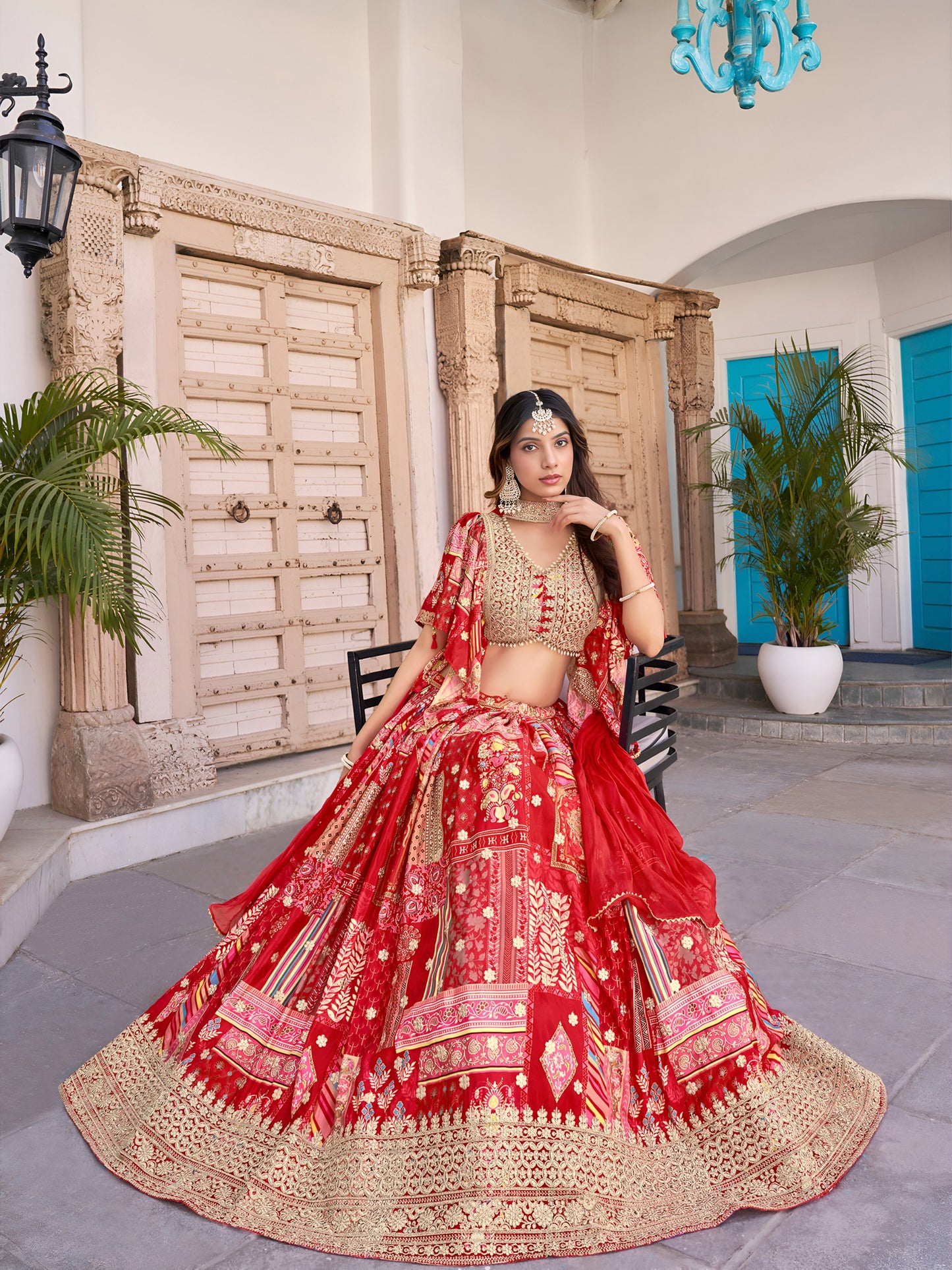 Elegant Red Chinnon Silk Lehenga Set with Embroidered Blouse and Chiffon Dupatta