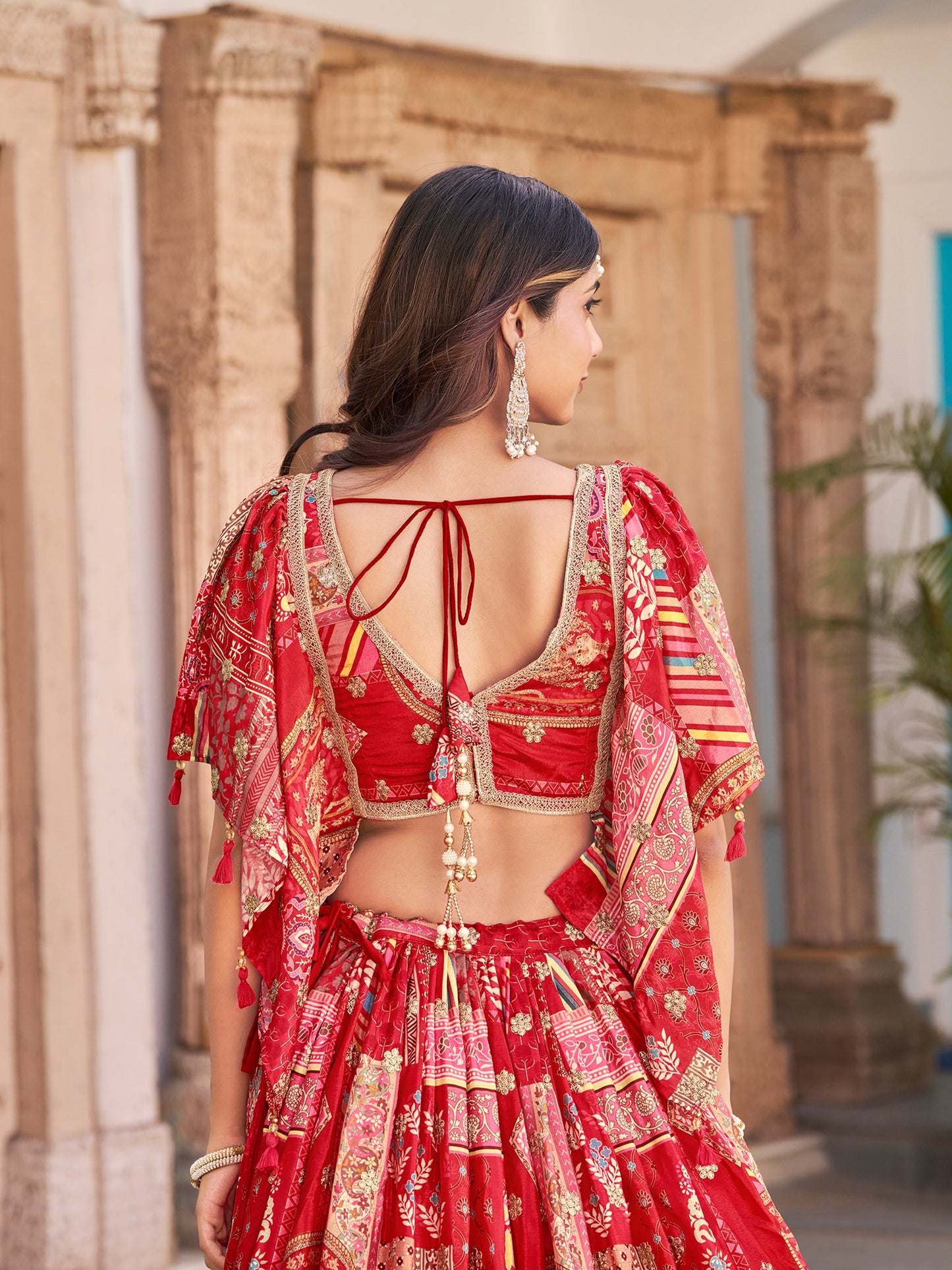 Elegant Red Chinnon Silk Lehenga Set with Embroidered Blouse and Chiffon Dupatta