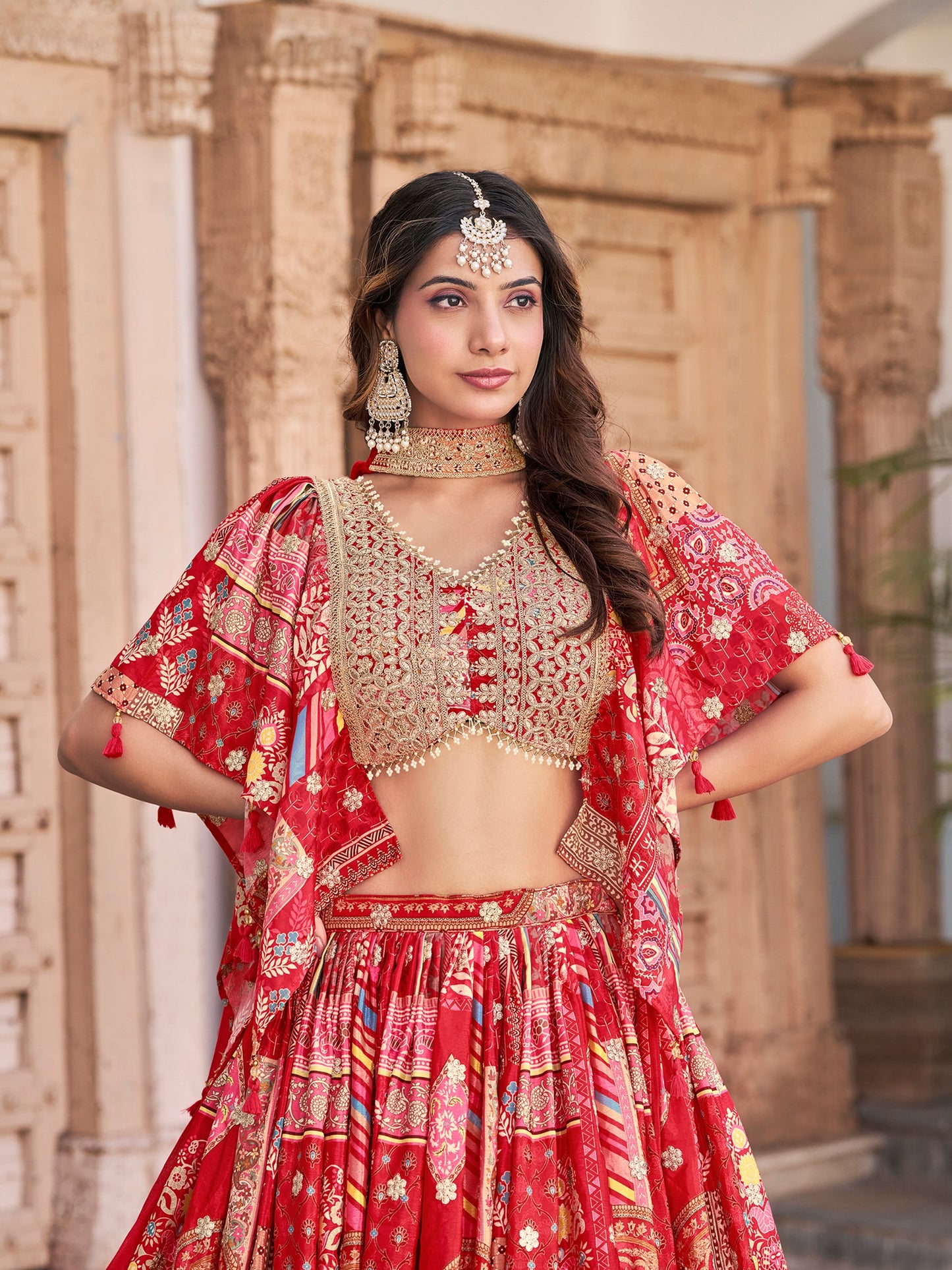 Elegant Red Chinnon Silk Lehenga Set with Embroidered Blouse and Chiffon Dupatta