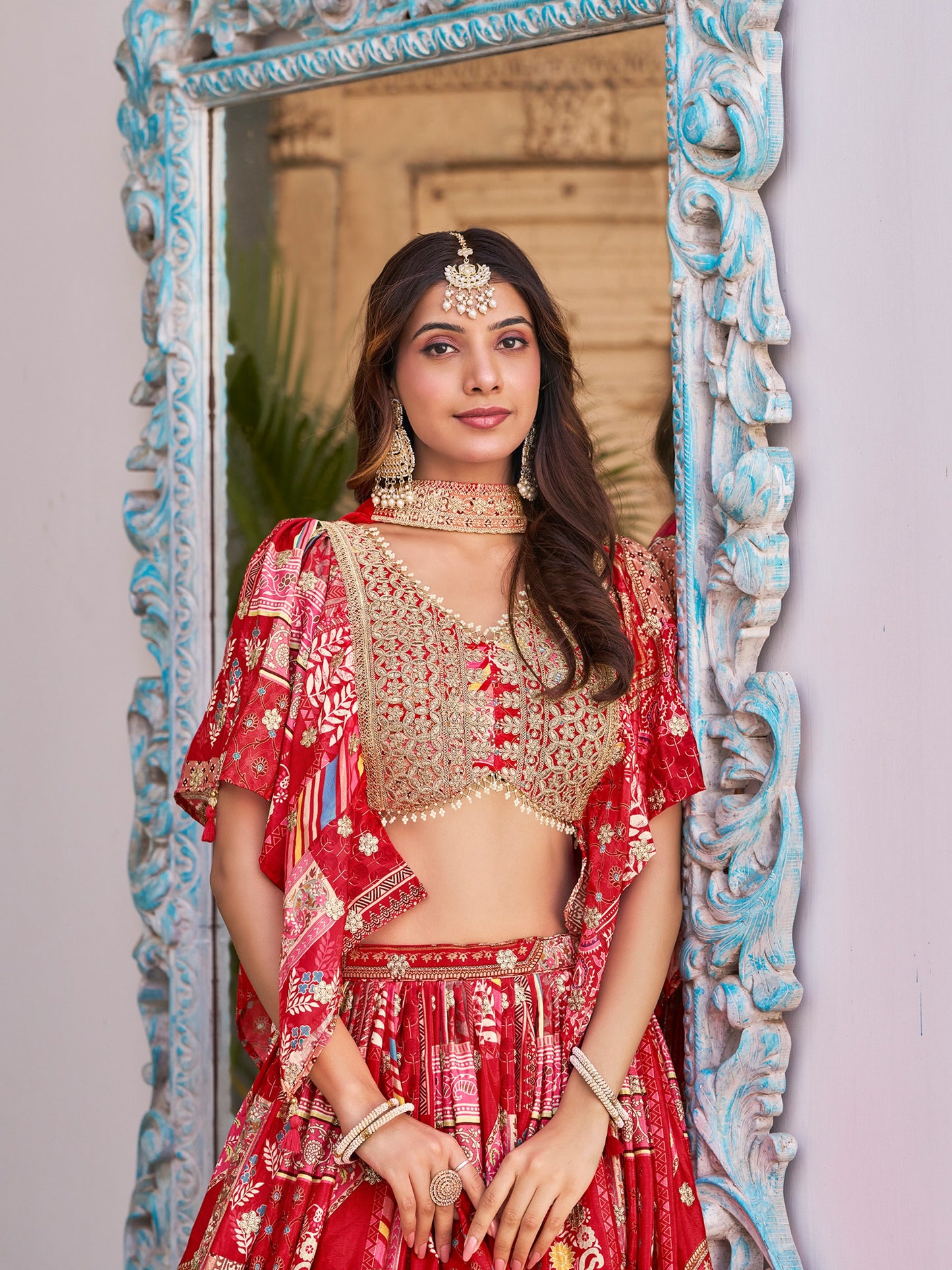 Elegant Red Chinnon Silk Lehenga Set with Embroidered Blouse and Chiffon Dupatta