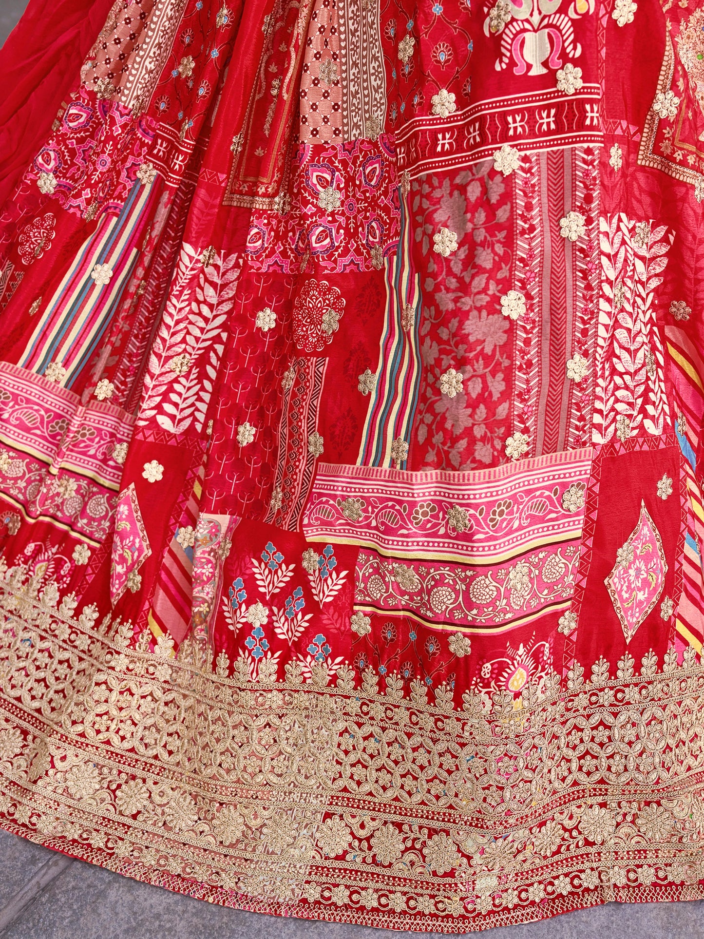 Elegant Red Chinnon Silk Lehenga Set with Embroidered Blouse and Chiffon Dupatta