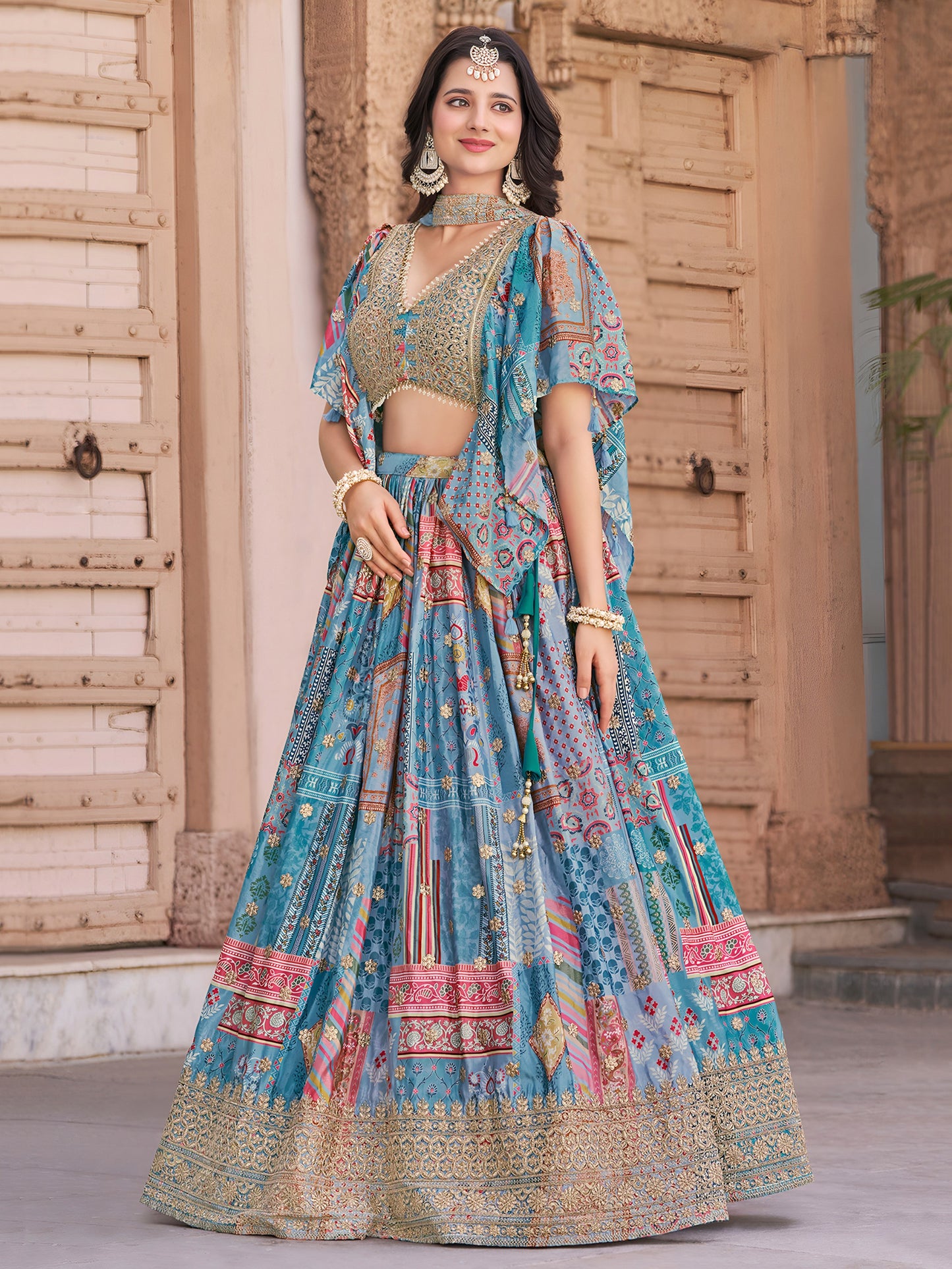 Indian Ethnic Sky Blue Embroidered Lehenga Choli Set