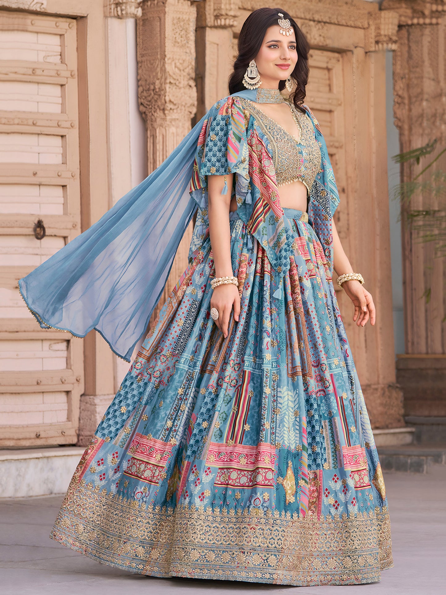 Indian Ethnic Sky Blue Embroidered Lehenga Choli Set