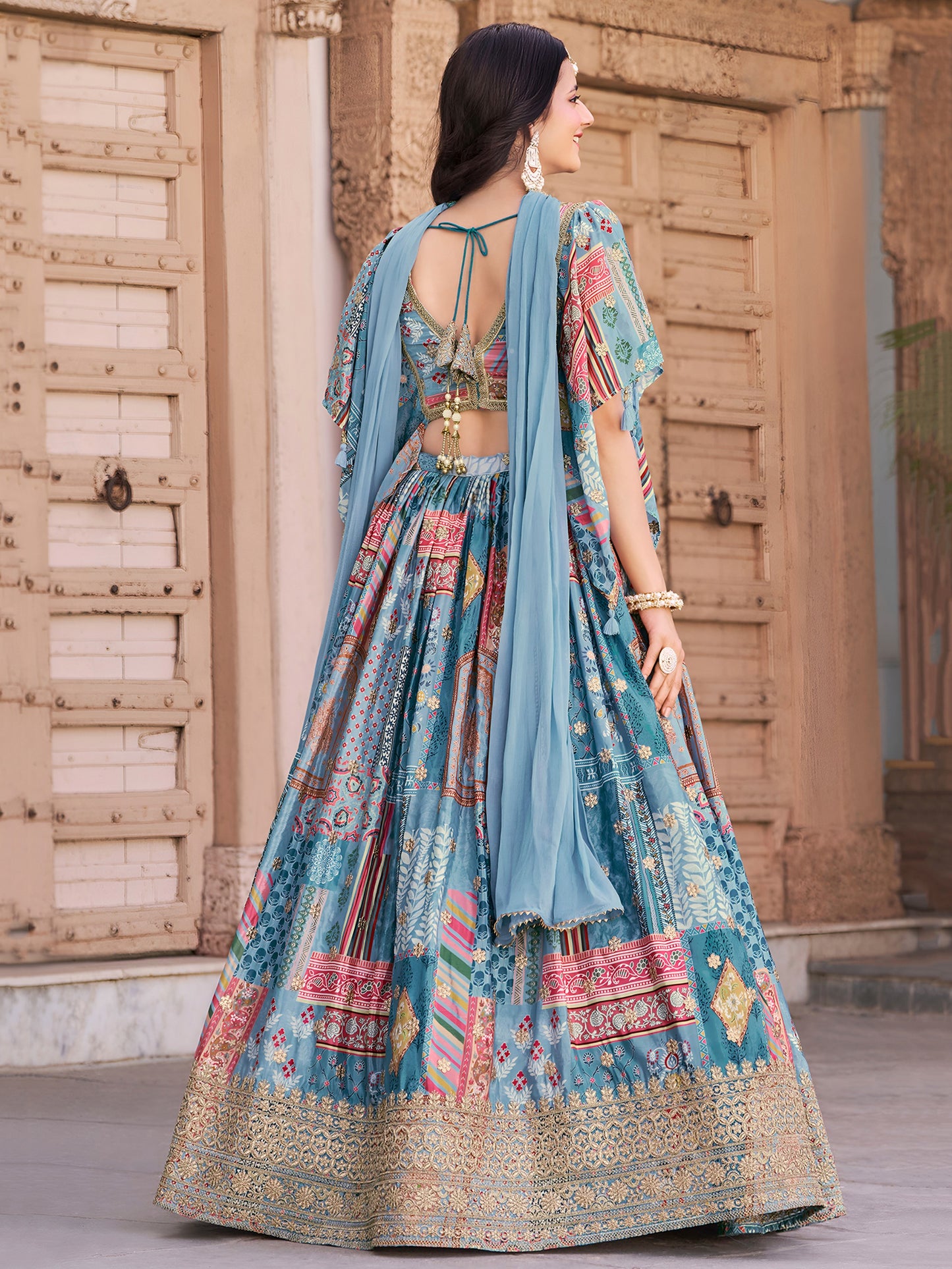 Indian Ethnic Sky Blue Embroidered Lehenga Choli Set