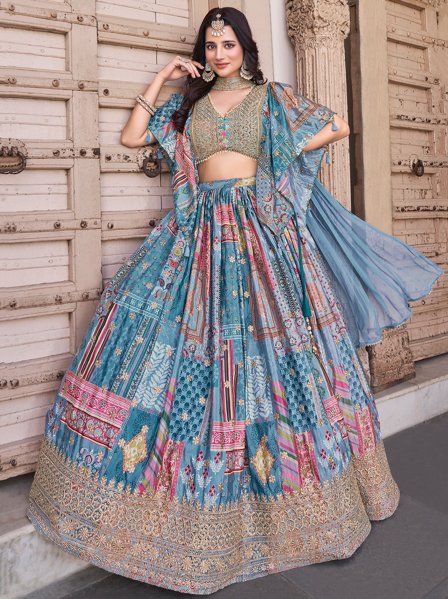 Indian Ethnic Sky Blue Embroidered Lehenga Choli Set