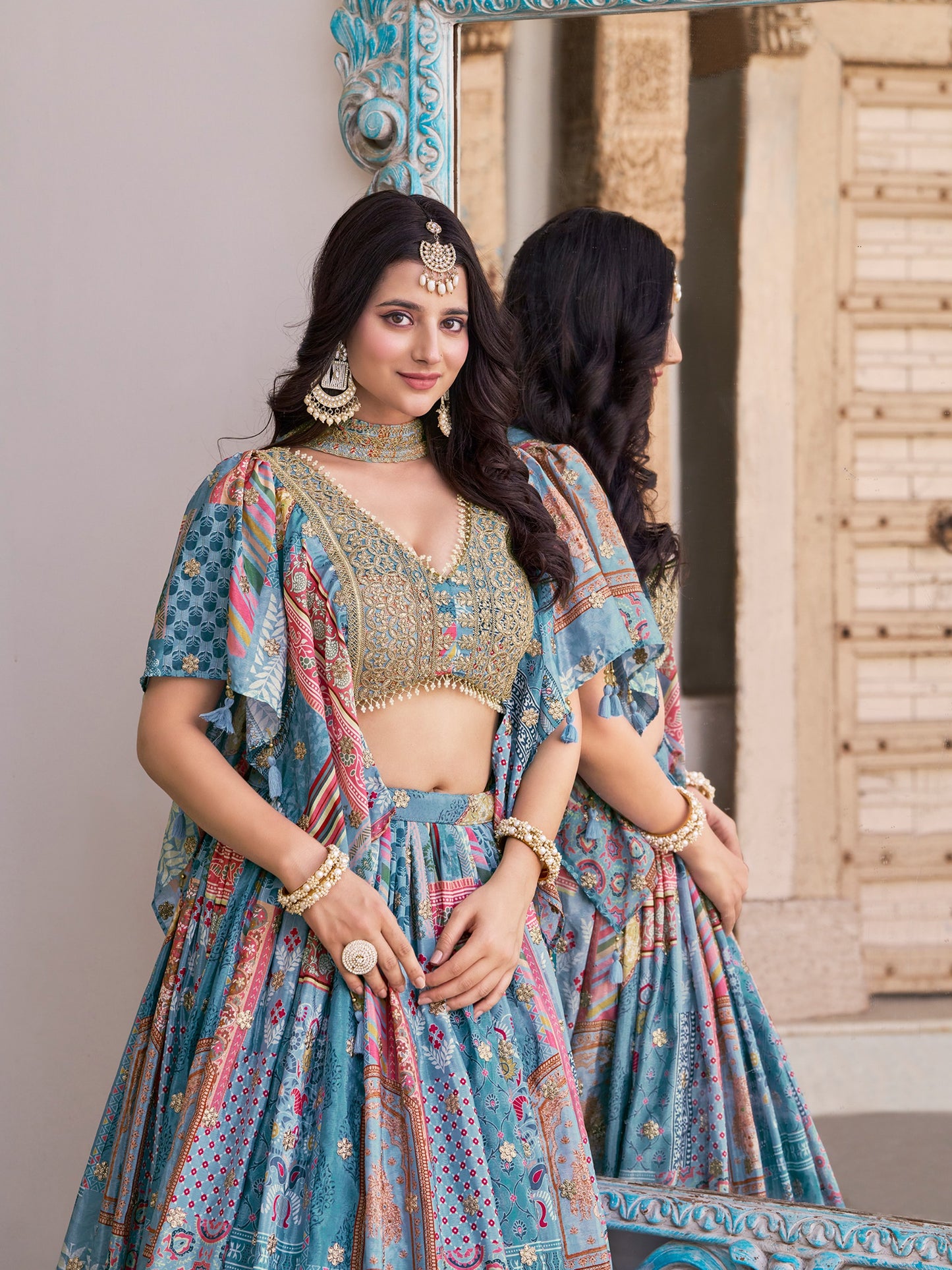 Indian Ethnic Sky Blue Embroidered Lehenga Choli Set