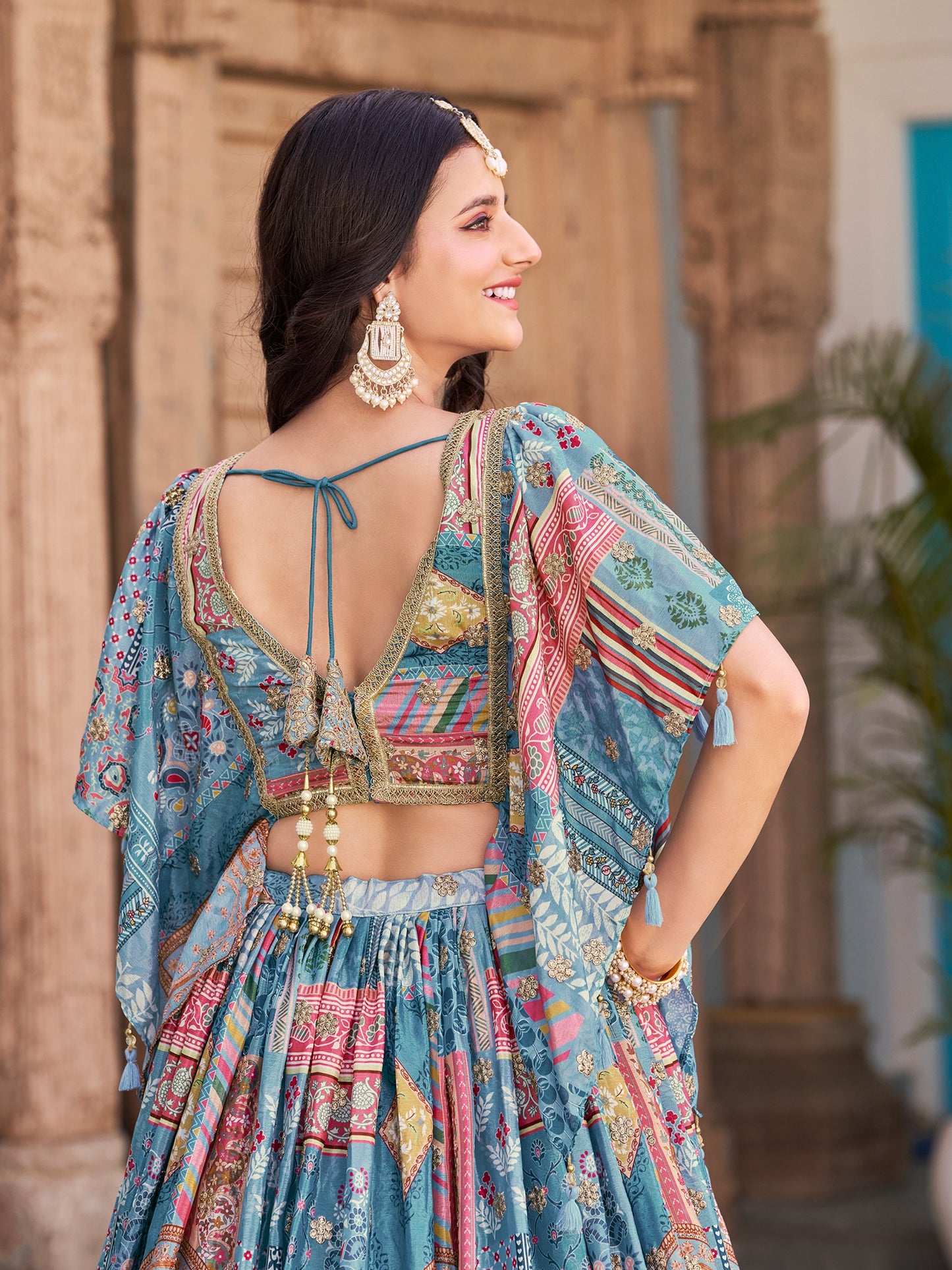 Indian Ethnic Sky Blue Embroidered Lehenga Choli Set