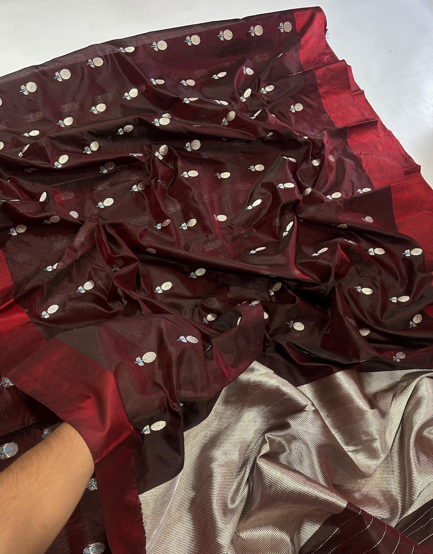 Handwoven Maroon & Silver Pattu Silk Saree with Zari Border