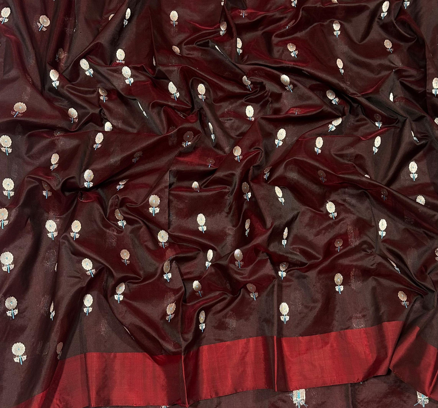 Handwoven Maroon & Silver Pattu Silk Saree with Zari Border