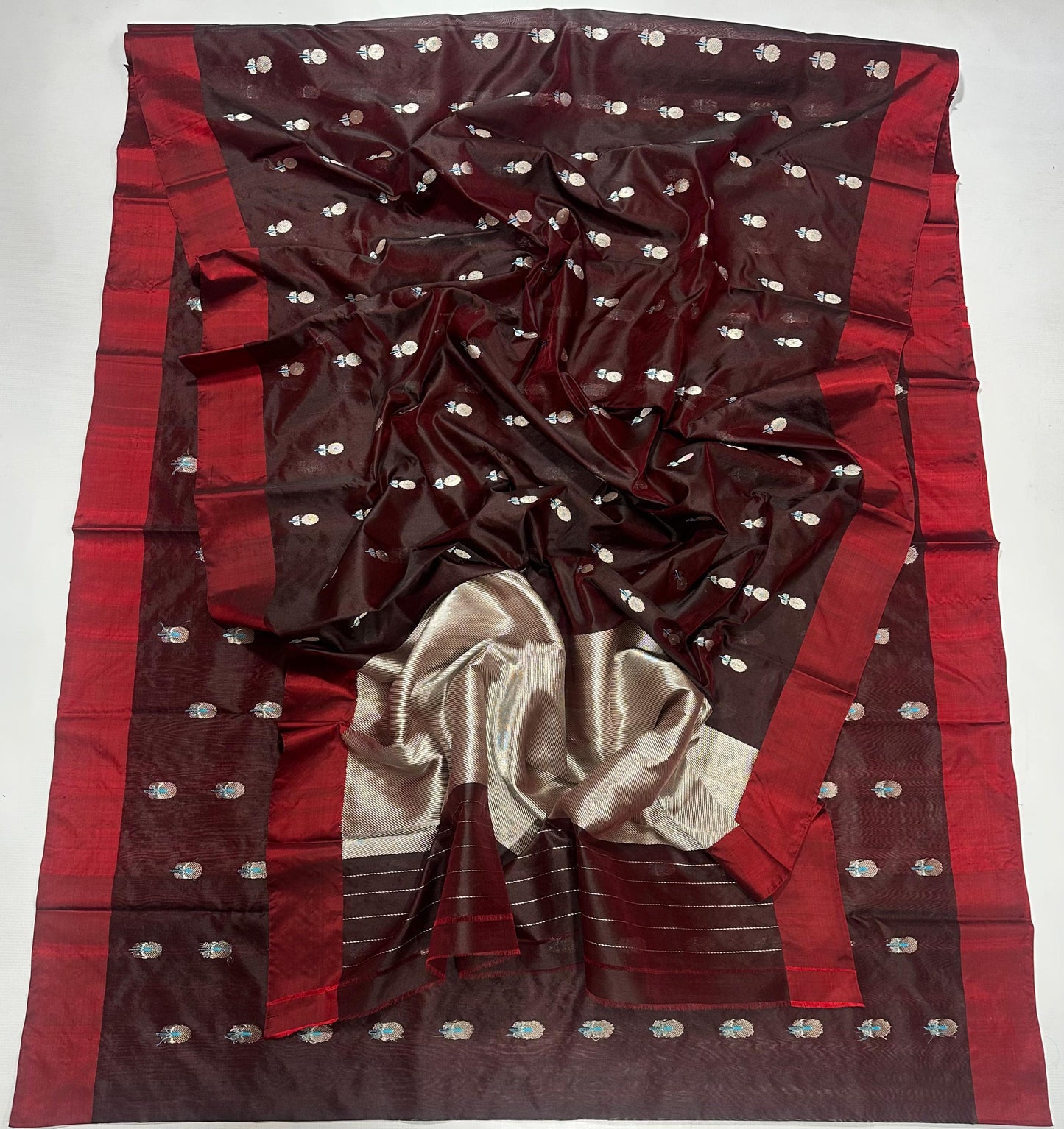 Handwoven Maroon & Silver Pattu Silk Saree with Zari Border