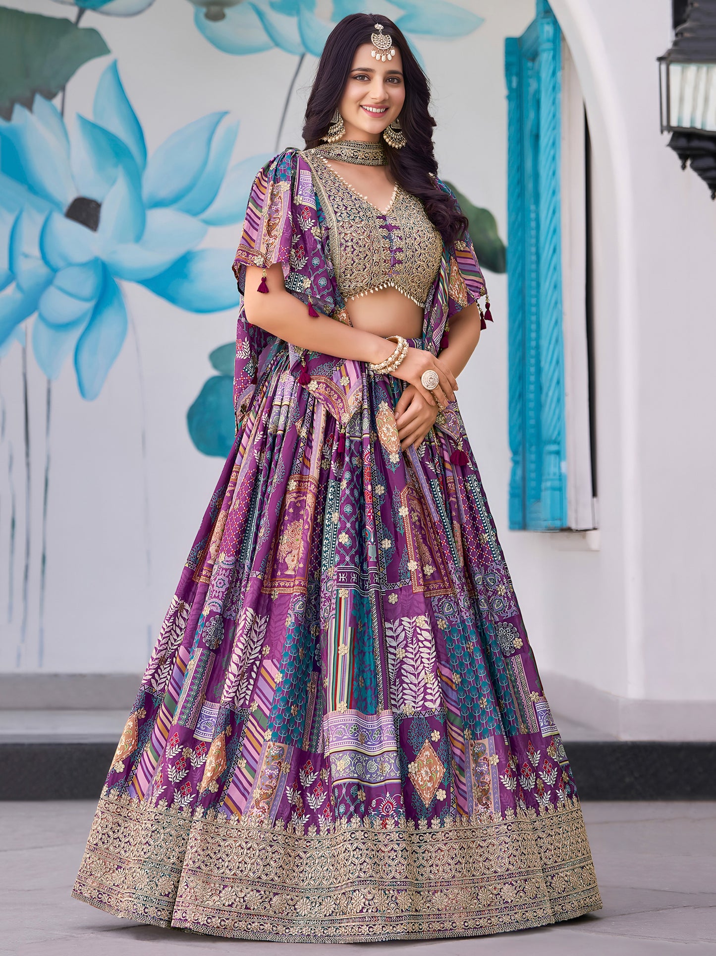 Indian Designer Purple Chinnon Embroidered Lehenga Set