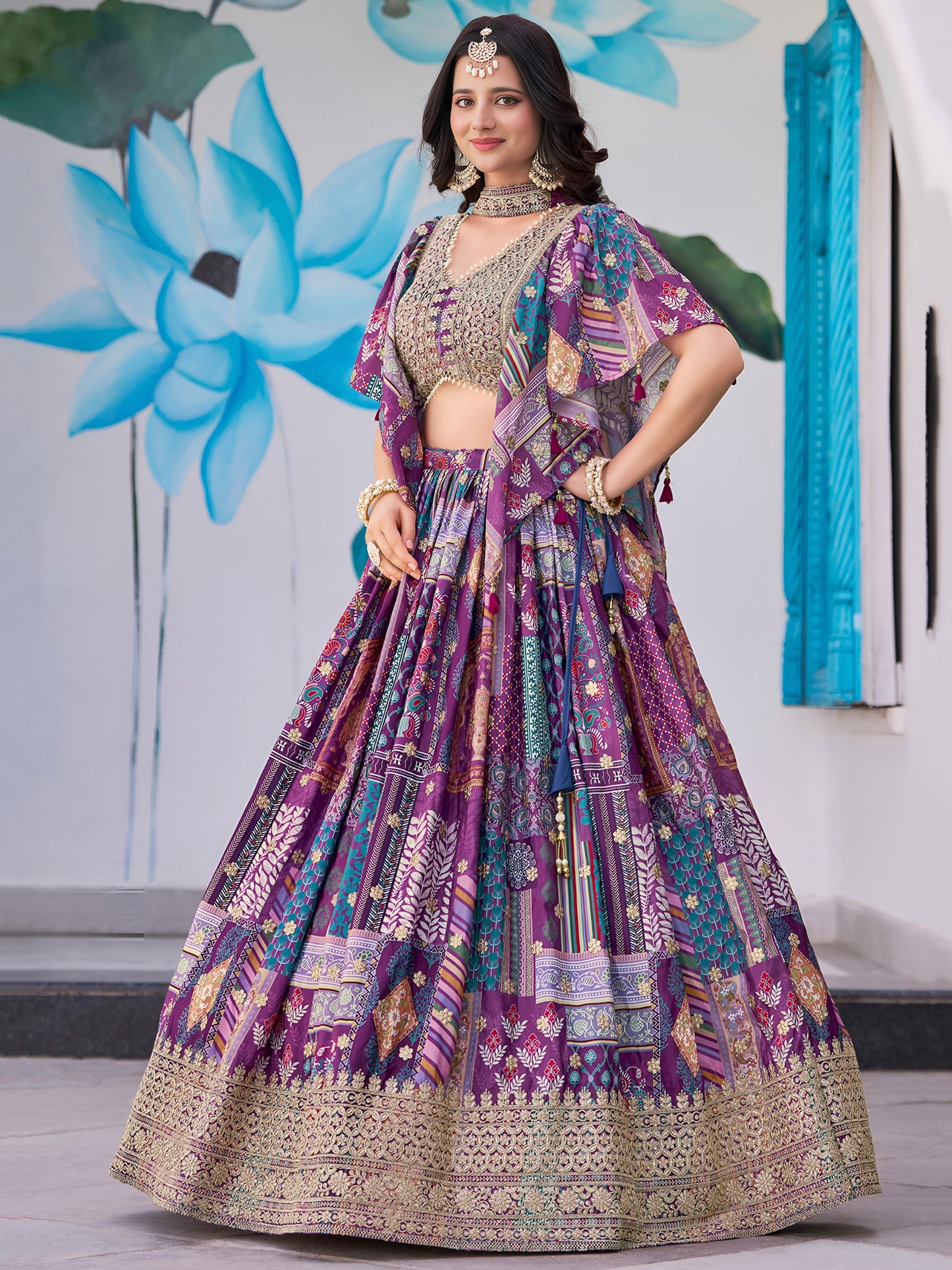 Indian Designer Purple Chinnon Embroidered Lehenga Set