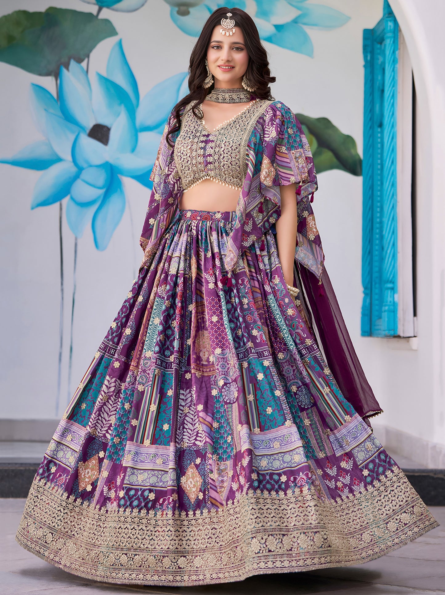 Indian Designer Purple Chinnon Embroidered Lehenga Set