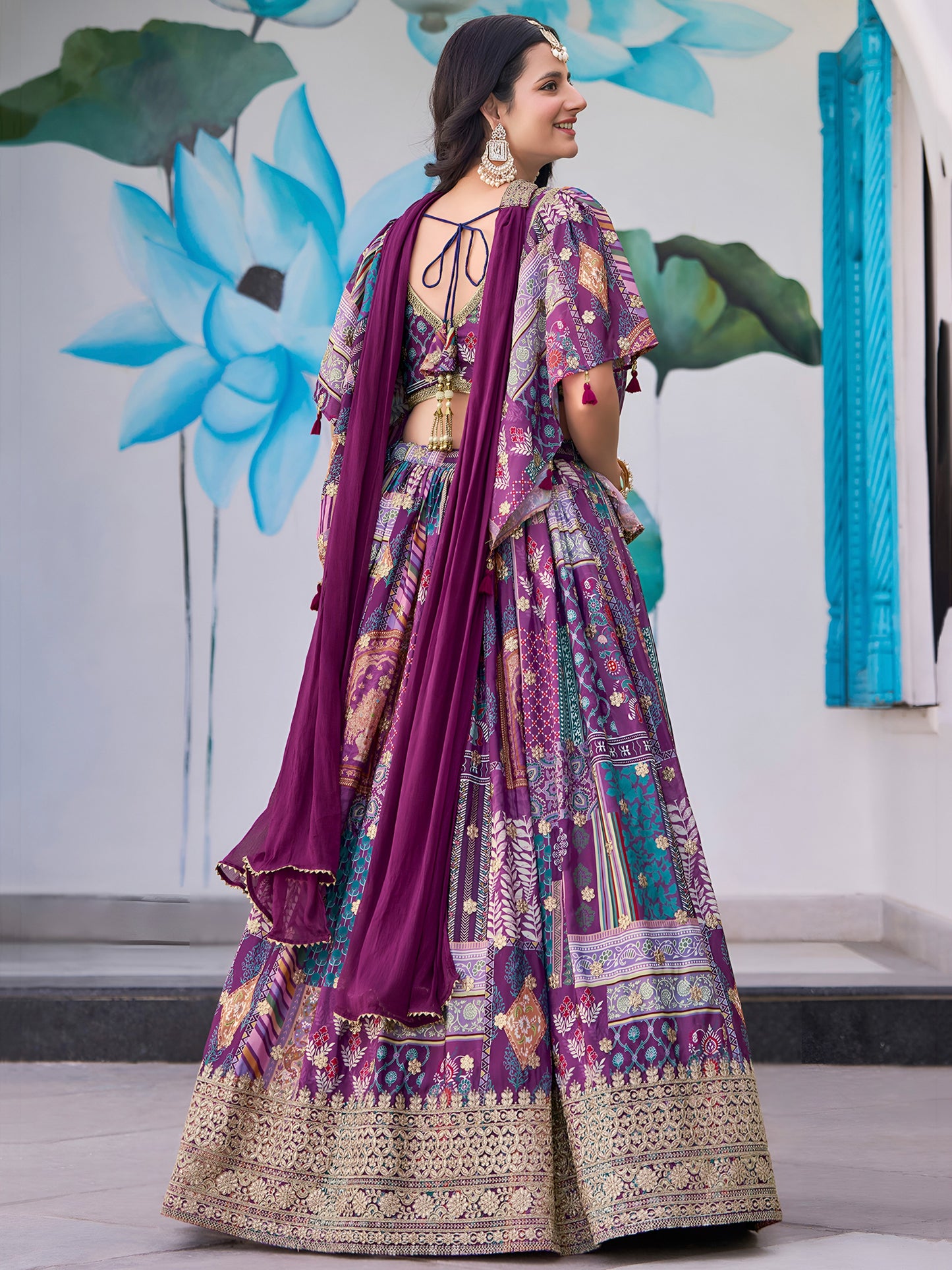 Indian Designer Purple Chinnon Embroidered Lehenga Set
