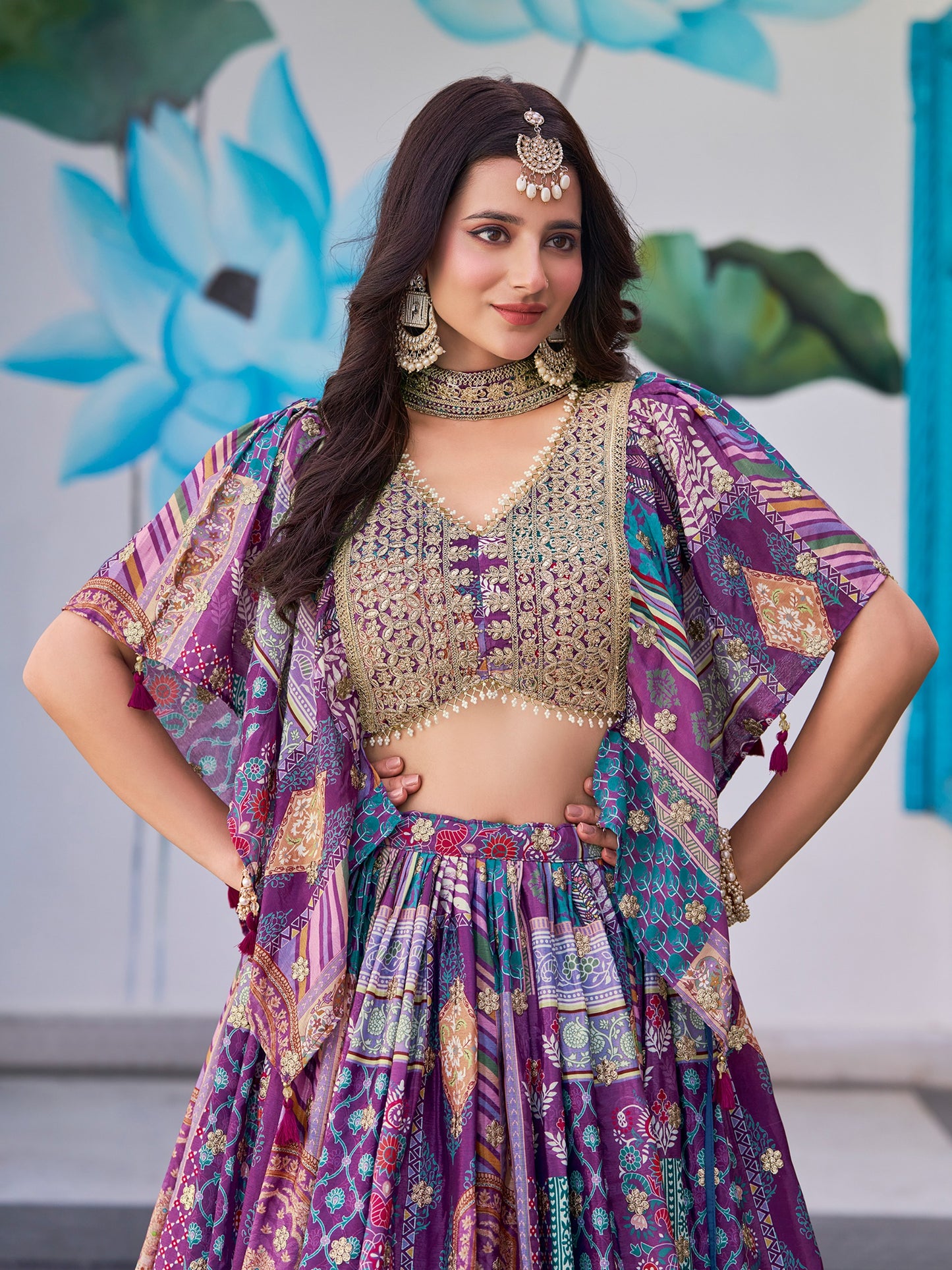 Indian Designer Purple Chinnon Embroidered Lehenga Set