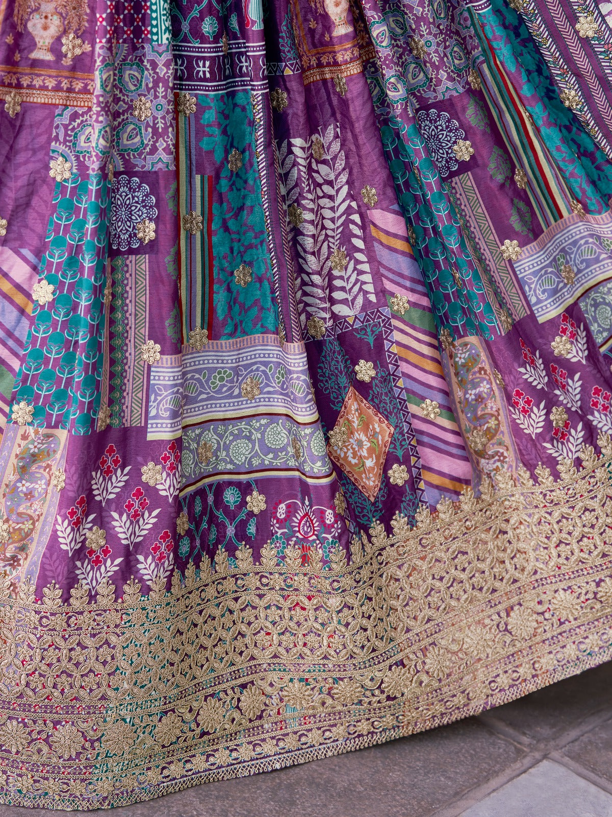 Indian Designer Purple Chinnon Embroidered Lehenga Set