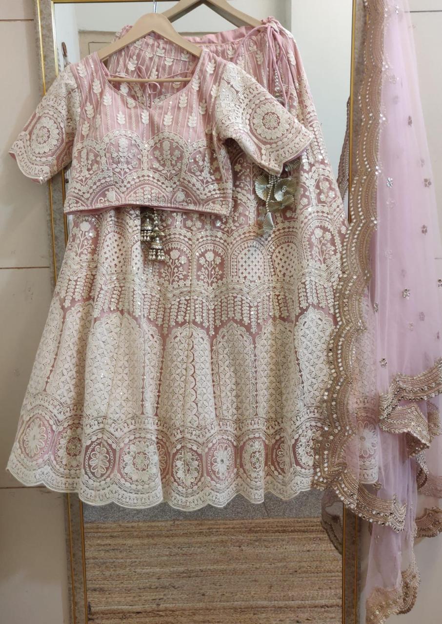 Blush Pink Embroidered Chikankari Lehenga Set