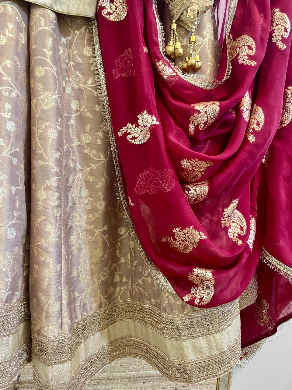 Elegant Beige & Maroon Embroidered Lehenga Set