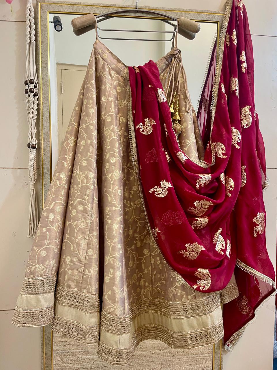 Elegant Beige & Maroon Embroidered Lehenga Set
