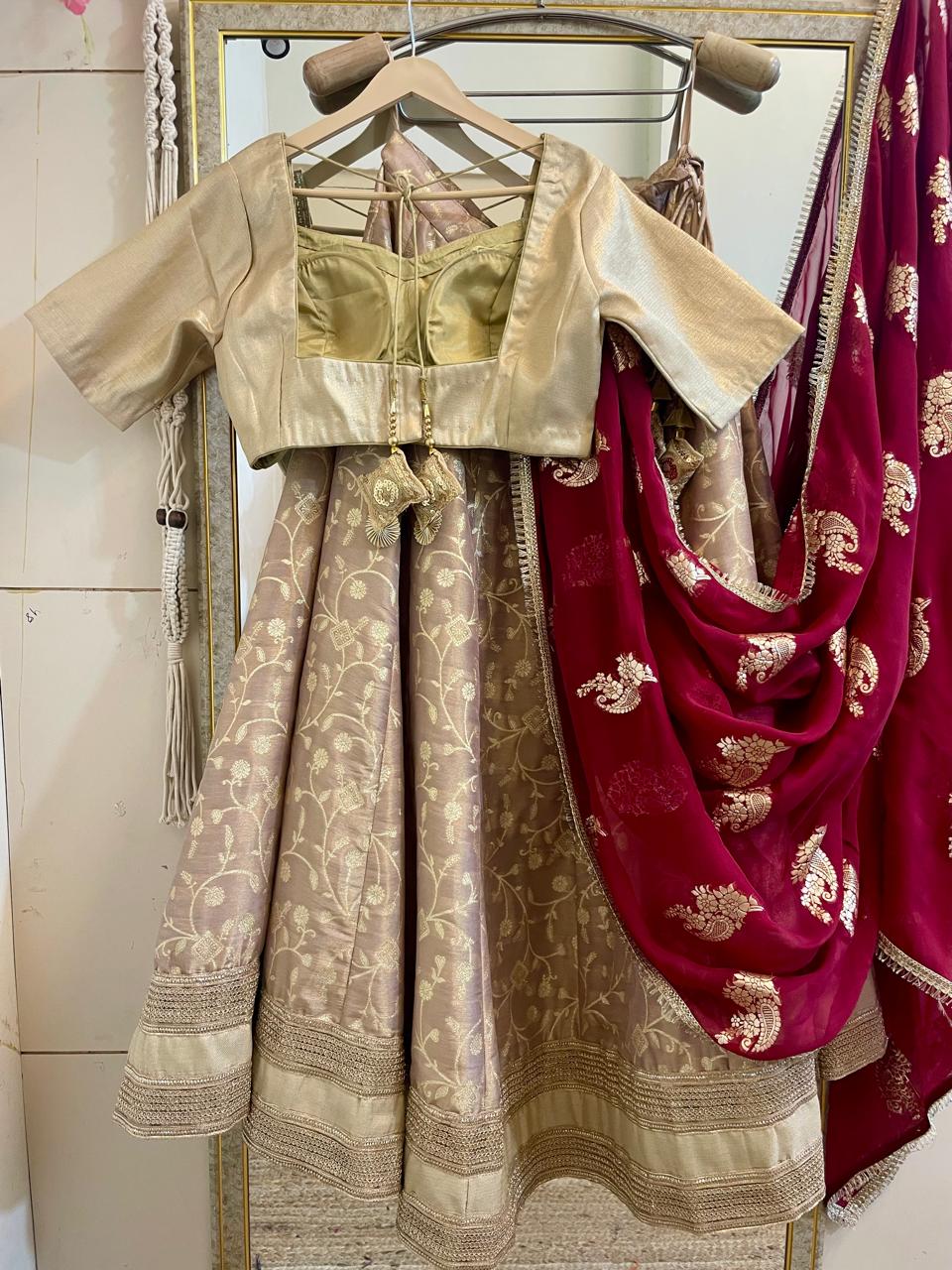 Elegant Beige & Maroon Embroidered Lehenga Set