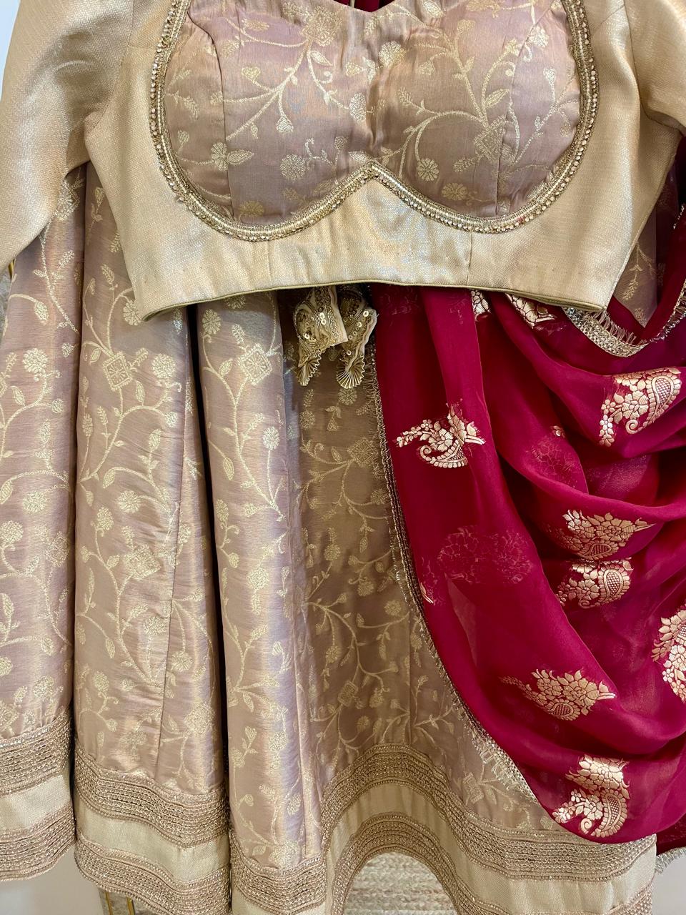 Elegant Beige & Maroon Embroidered Lehenga Set