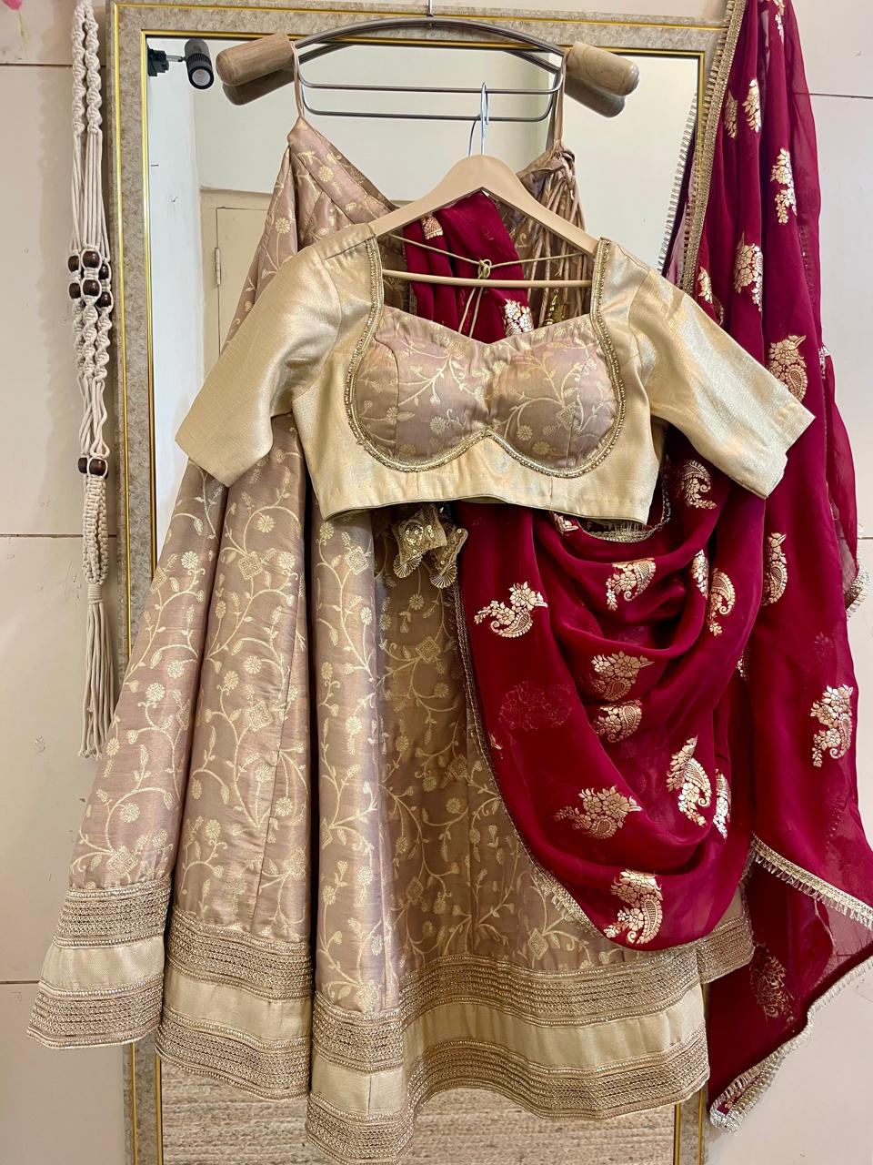 Elegant Beige & Maroon Embroidered Lehenga Set