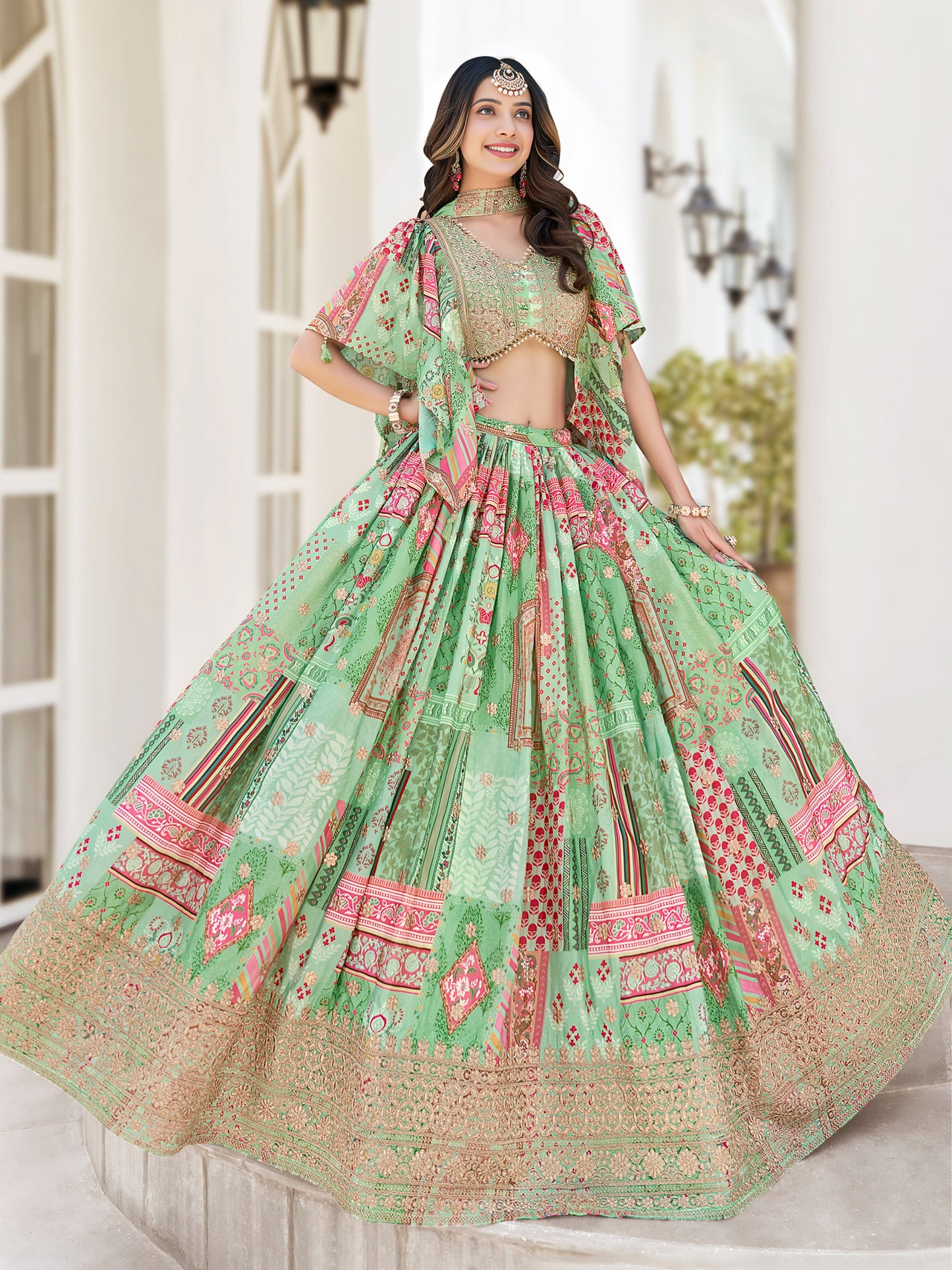 Pastel Green Printed Chinnon Lehenga Set with Embroidered Blouse