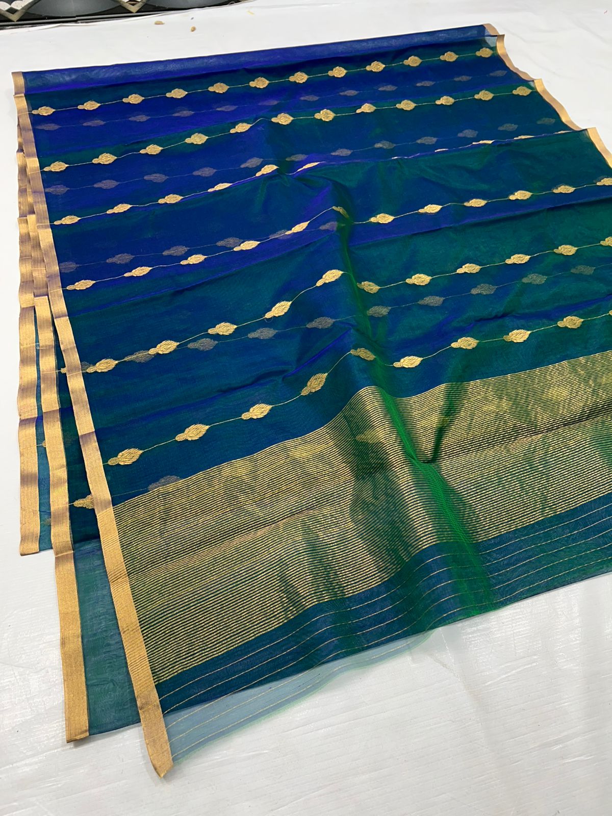 Peacock Blue & Green Katan Silk Saree with Zari Work
