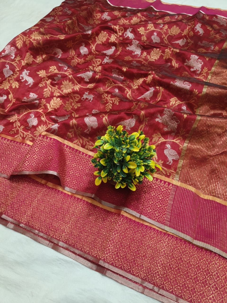 Regal Red Banarasi Silk Saree with Zari Animal & Bird Motifs