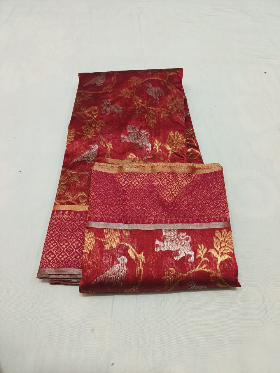 Regal Red Banarasi Silk Saree with Zari Animal & Bird Motifs