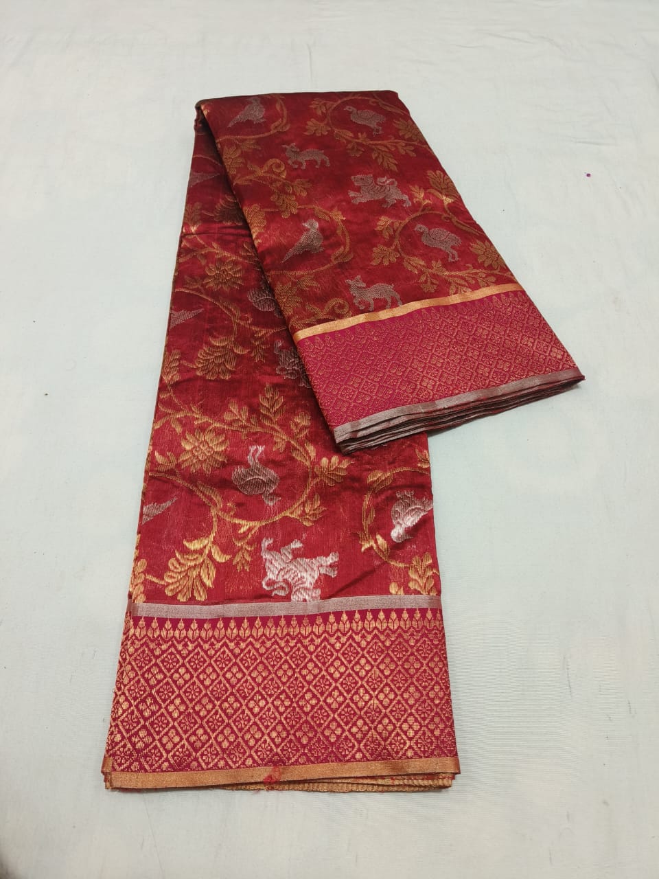 Regal Red Banarasi Silk Saree with Zari Animal & Bird Motifs