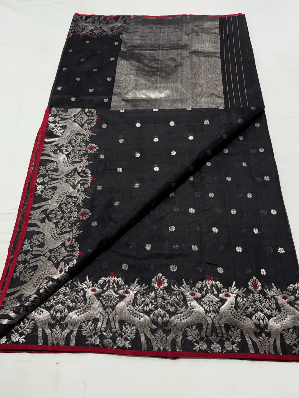 Black Handloom Silk Saree with Silver Zari Pallu & Peacock Border