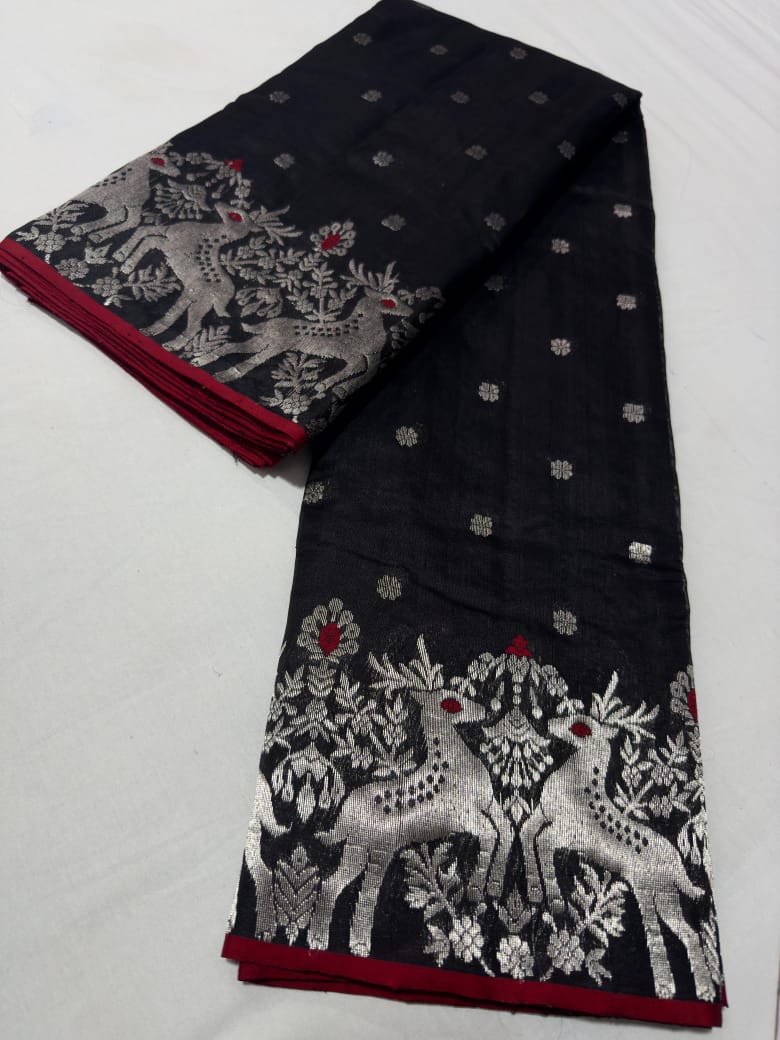 Black Handloom Silk Saree with Silver Zari Pallu & Peacock Border