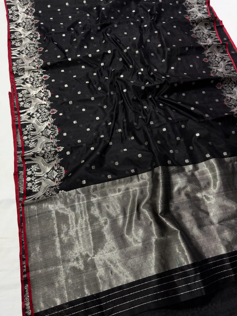 Black Handloom Silk Saree with Silver Zari Pallu & Peacock Border