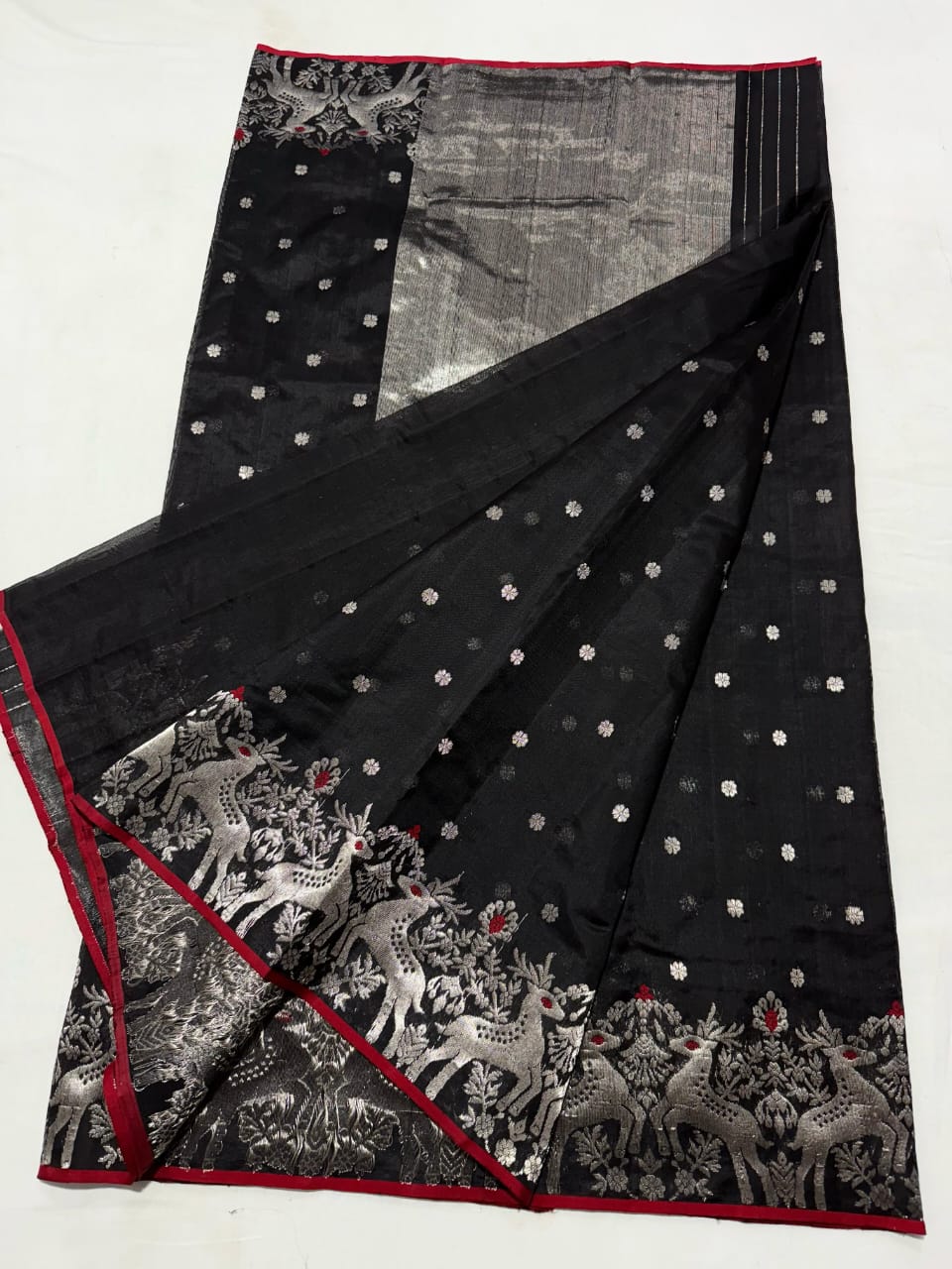 Black Handloom Silk Saree with Silver Zari Pallu & Peacock Border