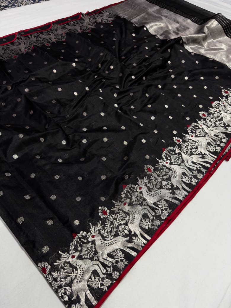 Black Handloom Silk Saree with Silver Zari Pallu & Peacock Border